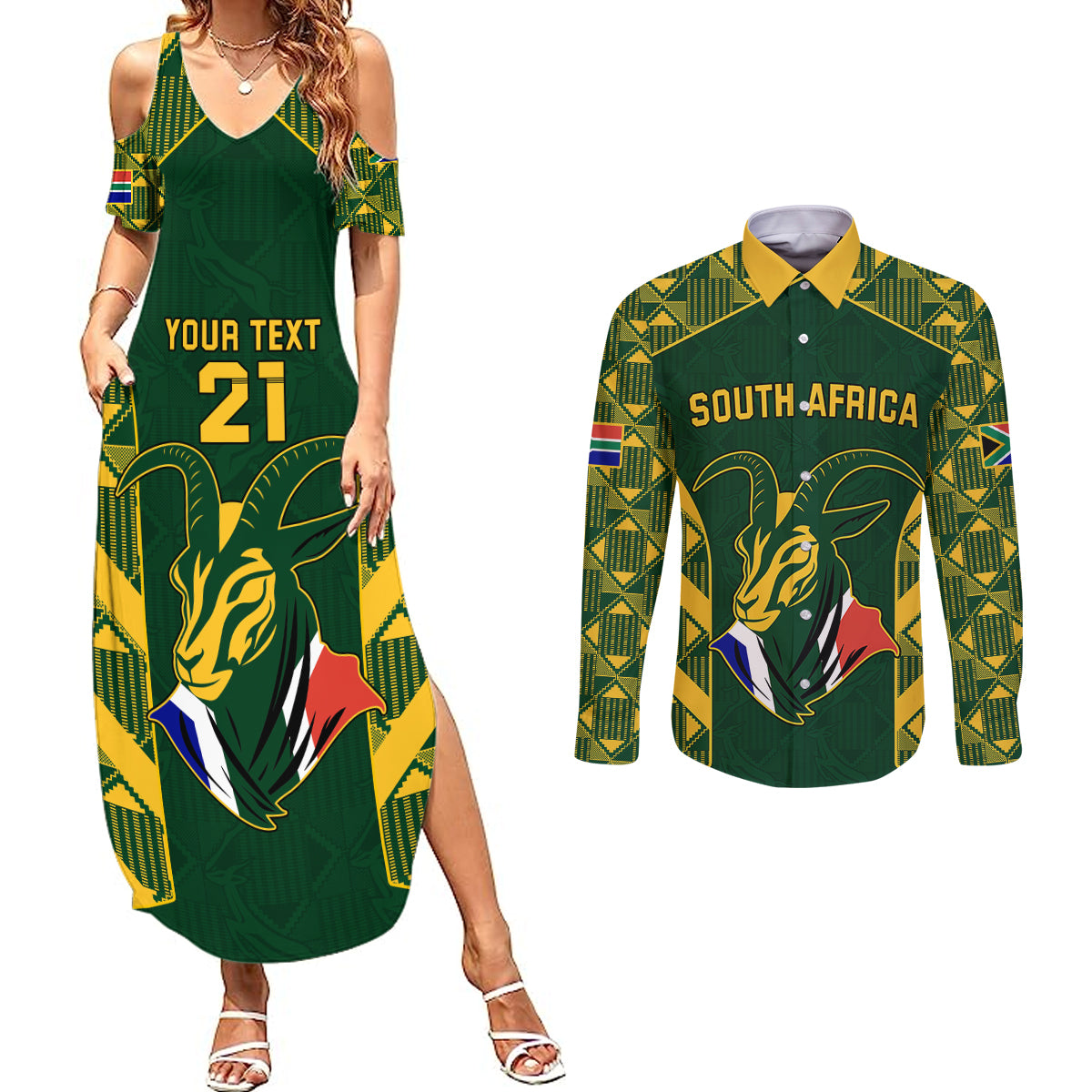 Custom South Africa Rugby Couples Matching Summer Maxi Dress and Long Sleeve Button Shirts Bokke Champions Kente Pattern LT9 - Wonder Print Shop