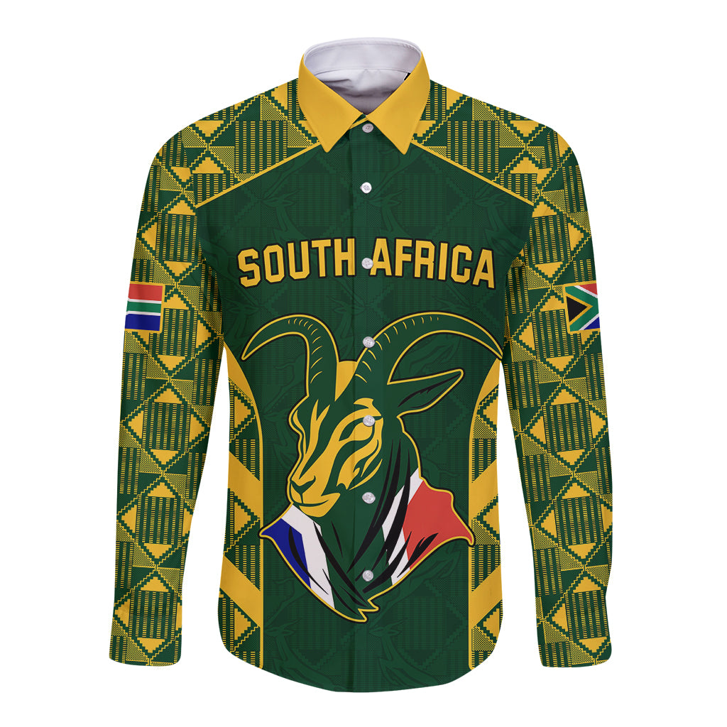 Custom South Africa Rugby Long Sleeve Button Shirt Bokke Champions Kente Pattern - Wonder Print Shop