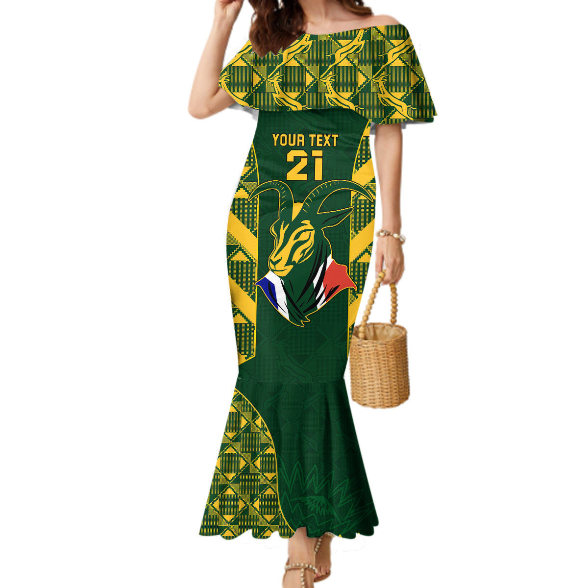 Custom South Africa Rugby Mermaid Dress Bokke Champions Kente Pattern - Wonder Print Shop