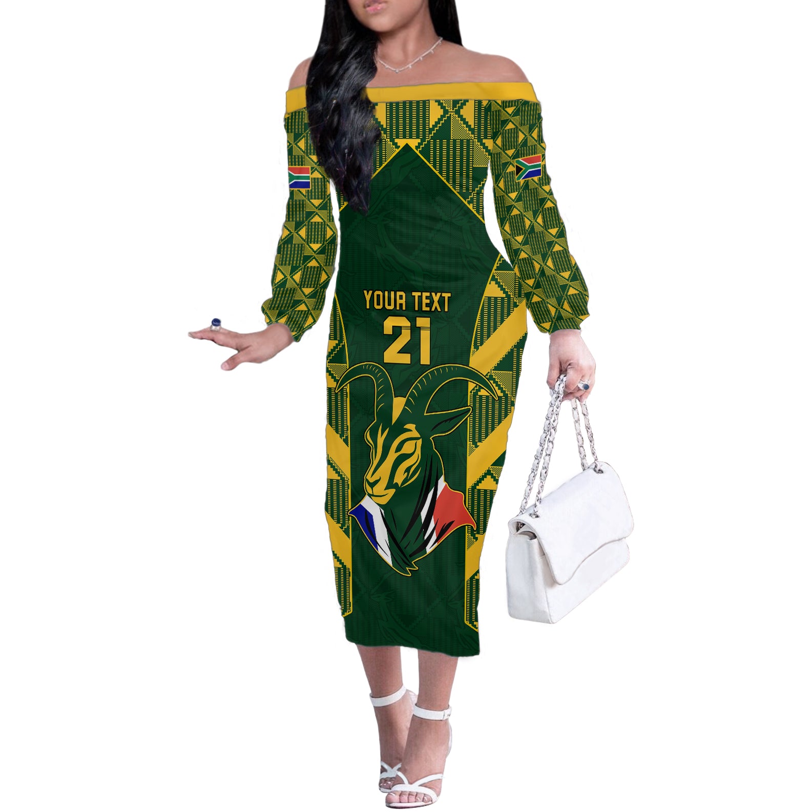 Custom South Africa Rugby Off The Shoulder Long Sleeve Dress Bokke Champions Kente Pattern - Wonder Print Shop