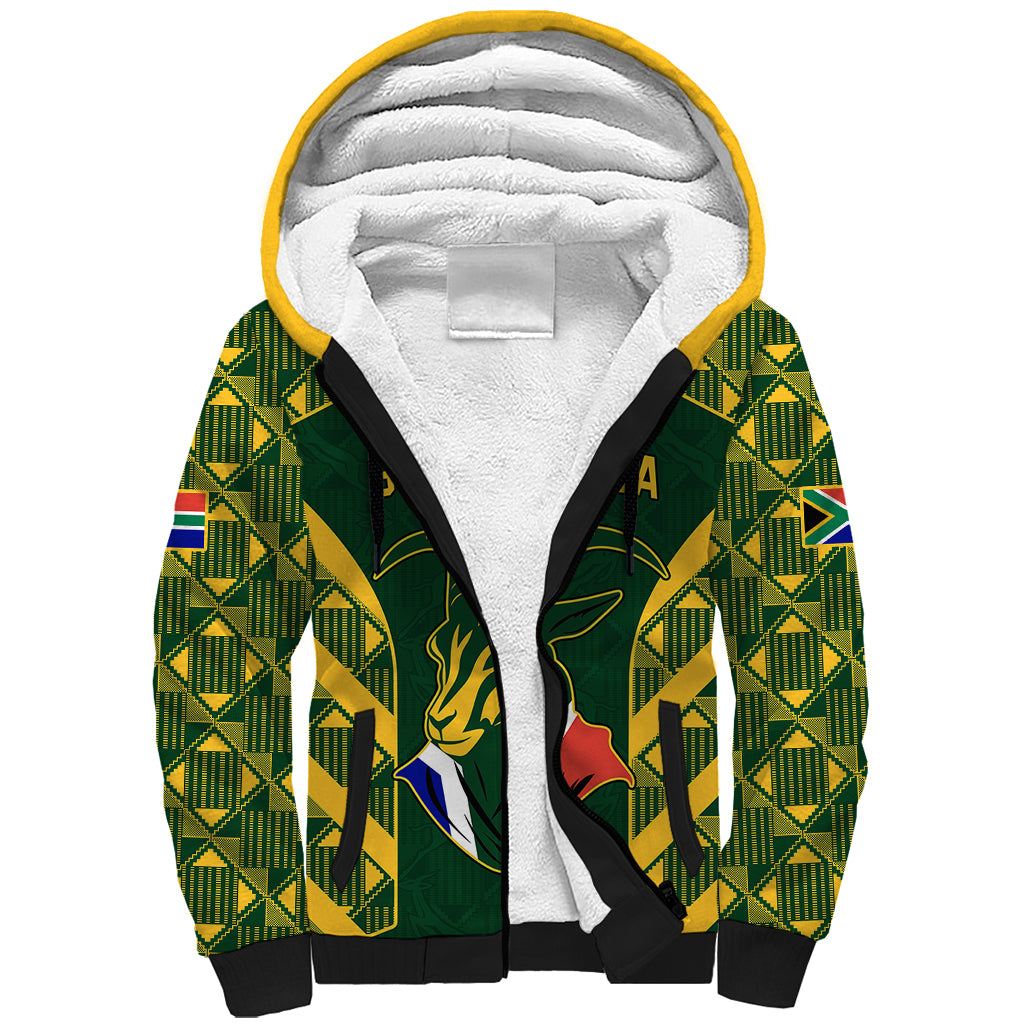 Custom South Africa Rugby Sherpa Hoodie Bokke Champions Kente Pattern - Wonder Print Shop