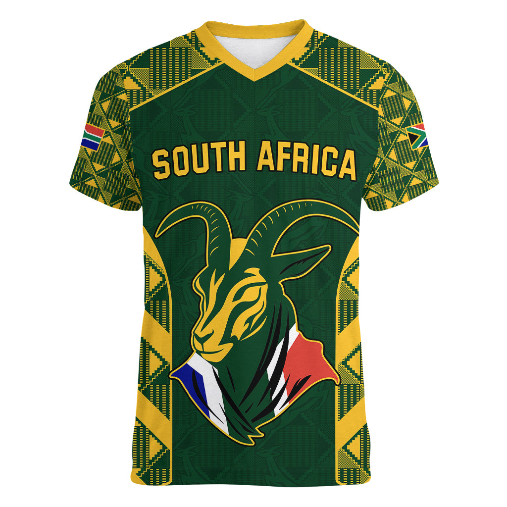 Custom South Africa Rugby Women V Neck T Shirt Bokke Champions Kente Pattern - Wonder Print Shop