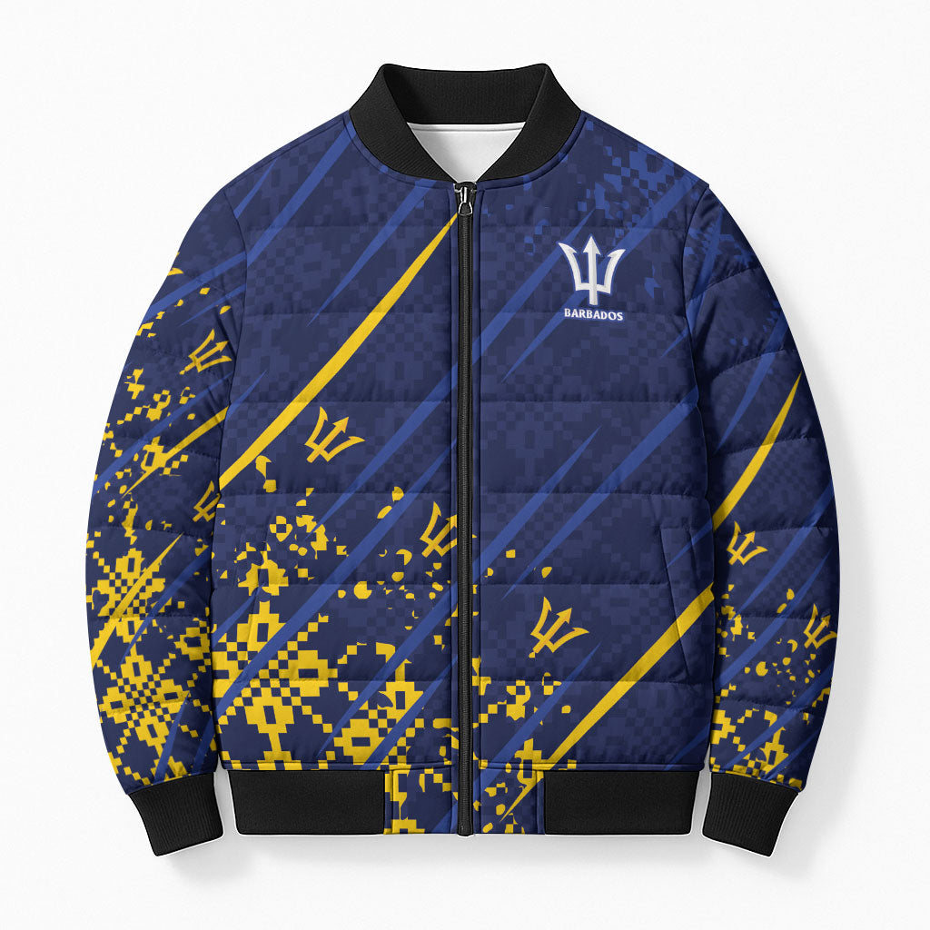 Caribbean Cricket Custom Barbados Bomber Puffer Jacket Blue Bajan Broken Trident