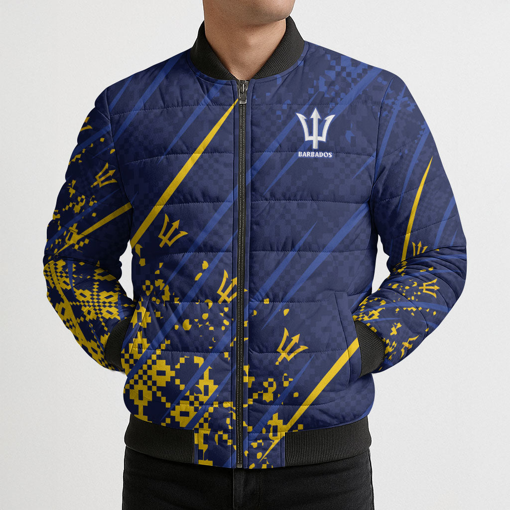 Caribbean Cricket Custom Barbados Bomber Puffer Jacket Blue Bajan Broken Trident