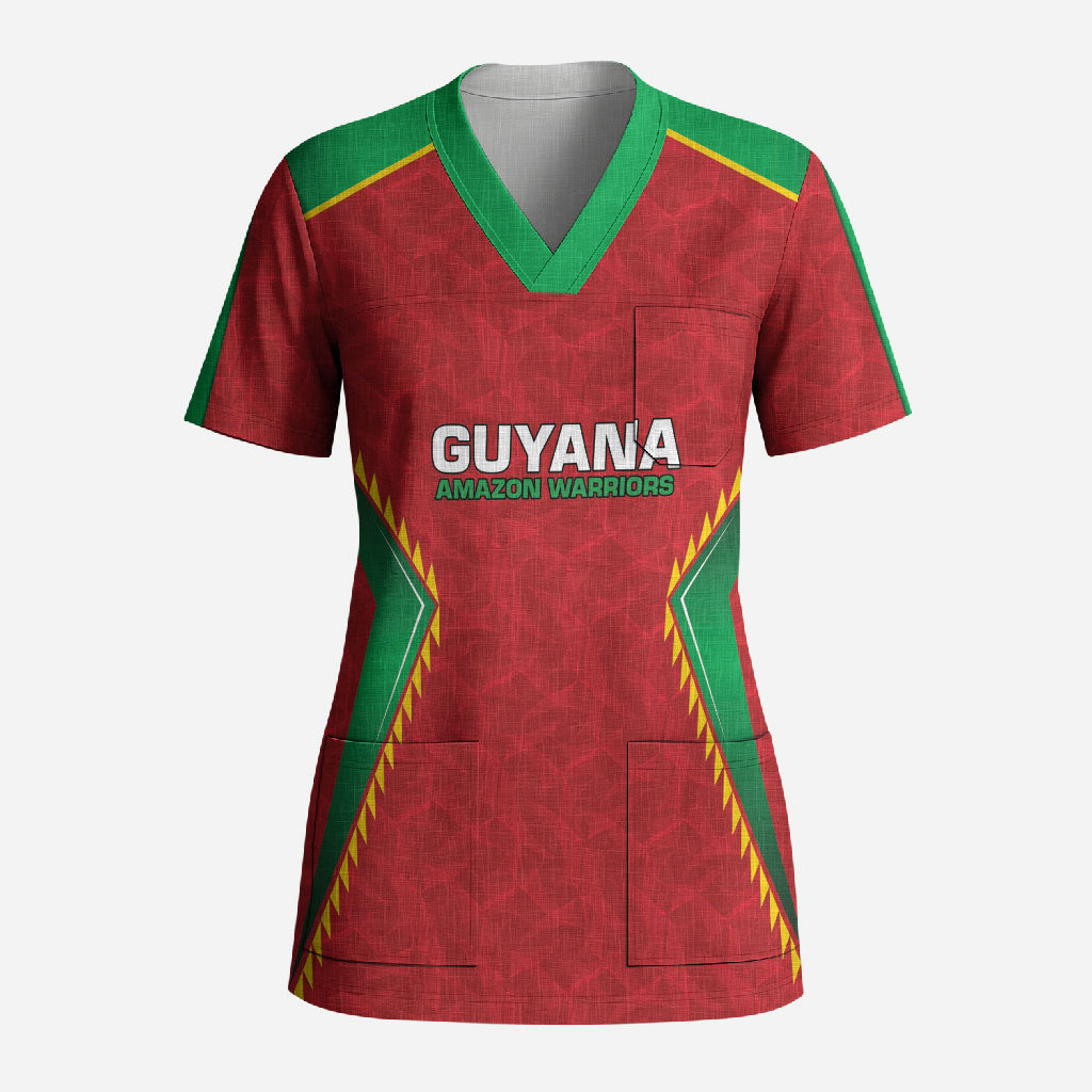 Caribbean Cricket Custom Guyana Scrub Top Warriors Rise Amazonian Geometry Motif