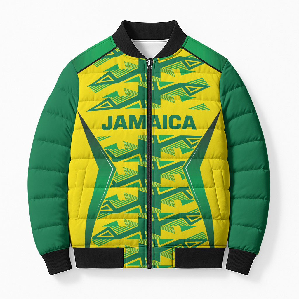 Caribbean Cricket Custom Jamaica Bomber Puffer Jacket Stand Tall Together Akan Inspired Geometric Motif