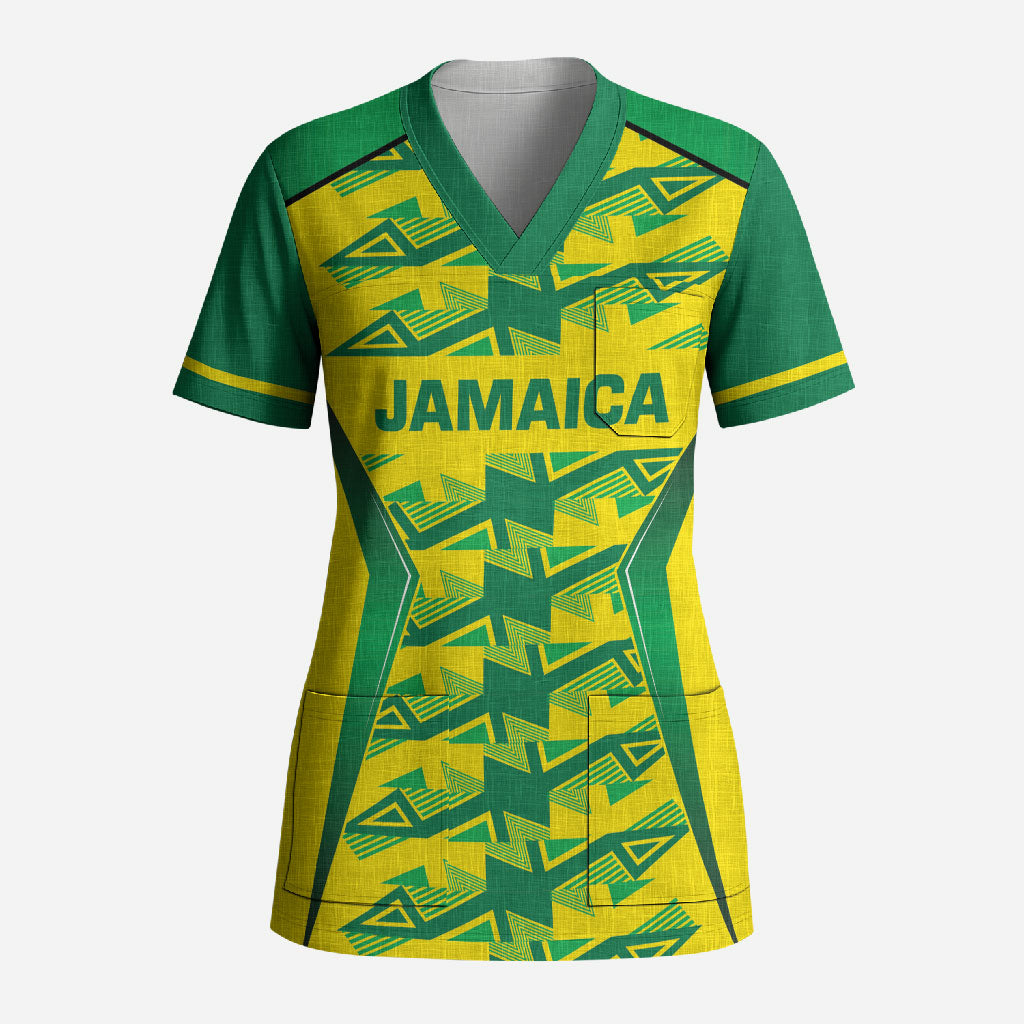 Caribbean Cricket Custom Jamaica Scrub Top Stand Tall Together Akan Inspired Geometric Motif