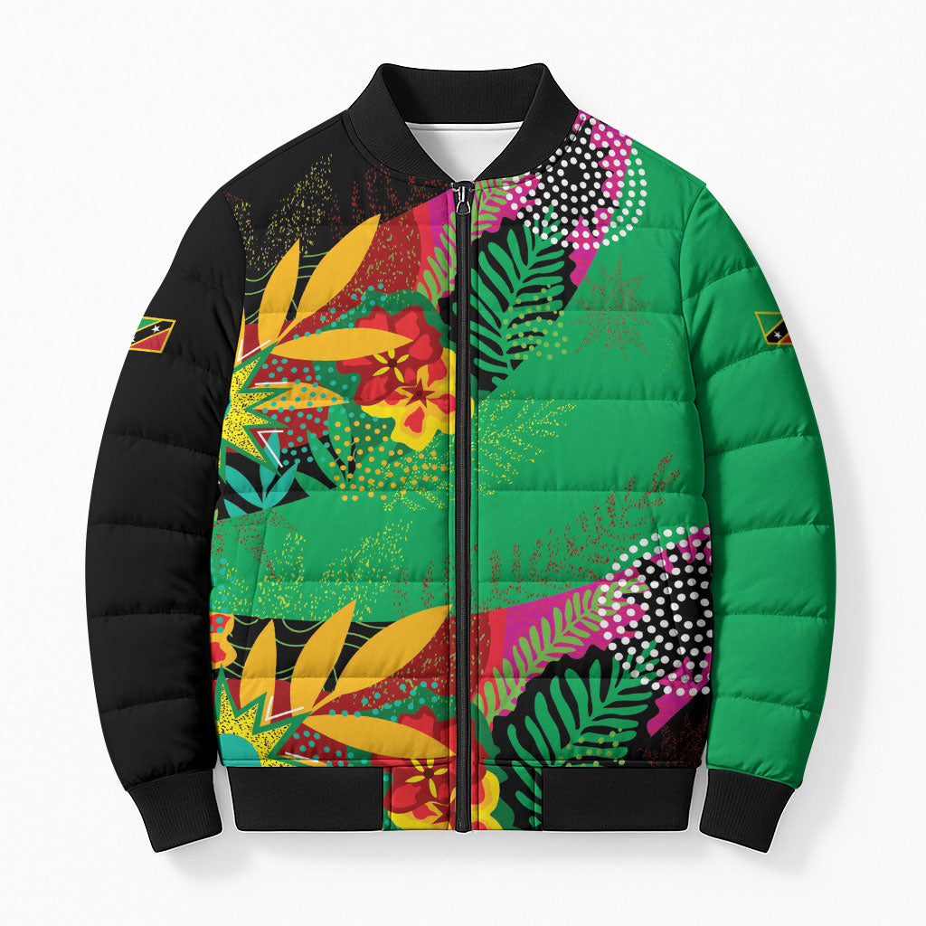 Caribbean Cricket Custom St Kitts and Nevis Bomber Puffer Jacket Patriots Roar Louder Island's Flora Inspired