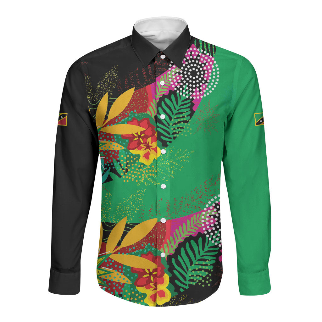 Caribbean Cricket Custom St Kitts and Nevis Long Sleeve Button Shirt Patriots Roar Louder Island's Flora Inspired