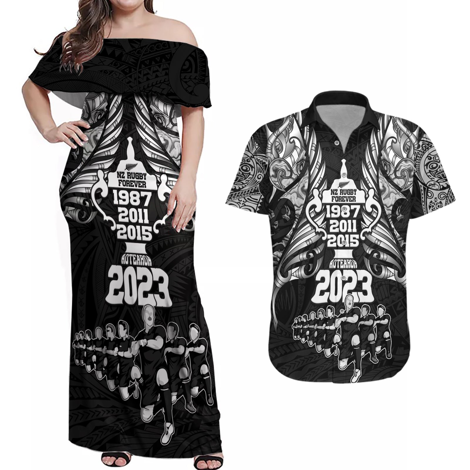 New Zealand Rugby Couples Matching Off Shoulder Maxi Dress and Hawaiian Shirt Black Haka Dance With NZ Champions History LT9 - Wonder Print Shop