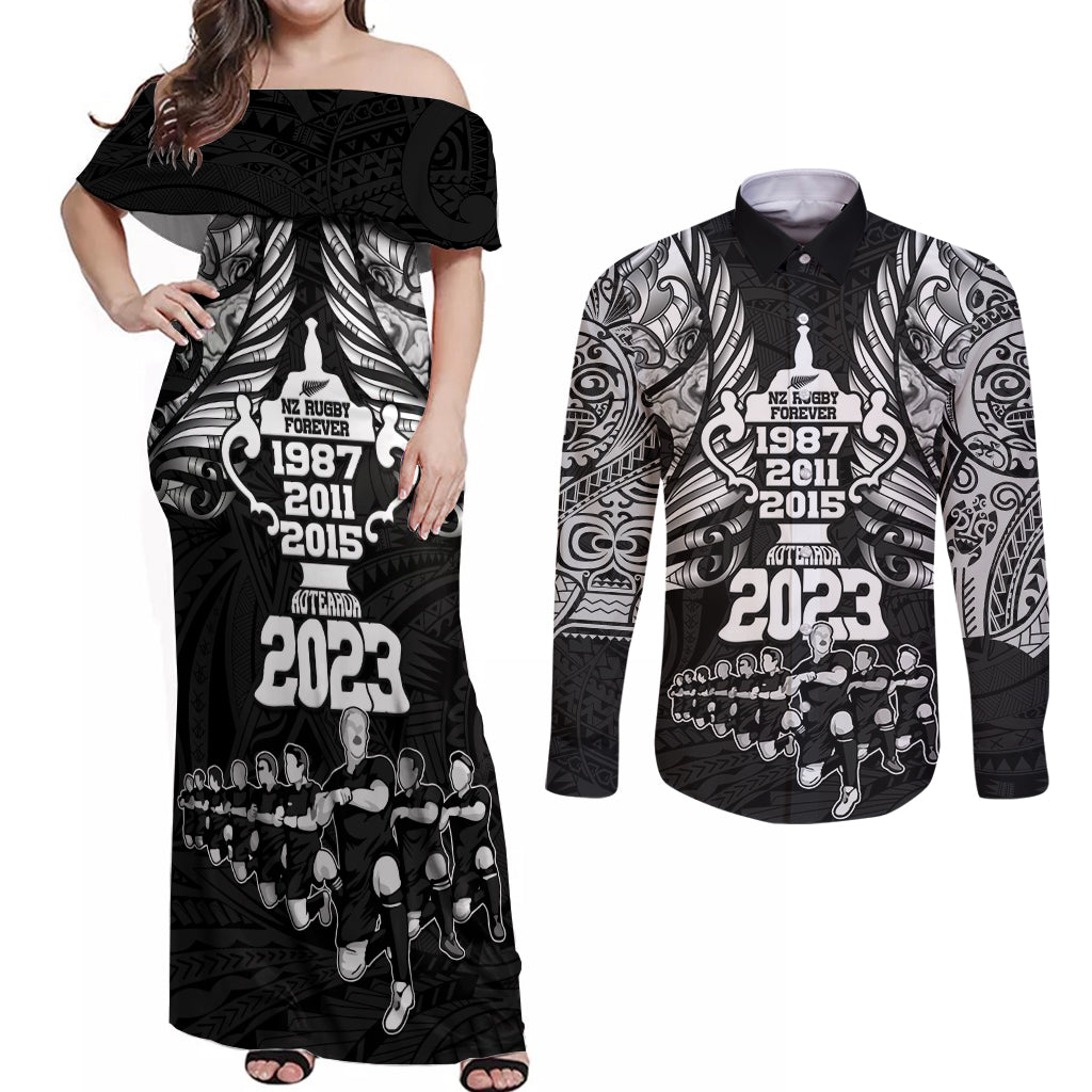 New Zealand Rugby Couples Matching Off Shoulder Maxi Dress and Long Sleeve Button Shirt Black Haka Dance With NZ Champions History LT9 - Wonder Print Shop