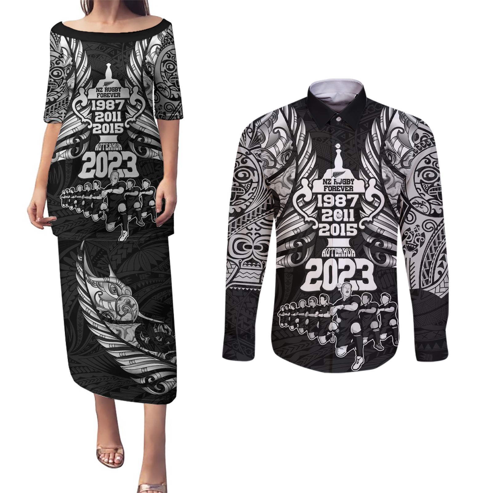 New Zealand Rugby Couples Matching Puletasi Dress and Long Sleeve Button Shirt Black Haka Dance With NZ Champions History LT9 - Wonder Print Shop