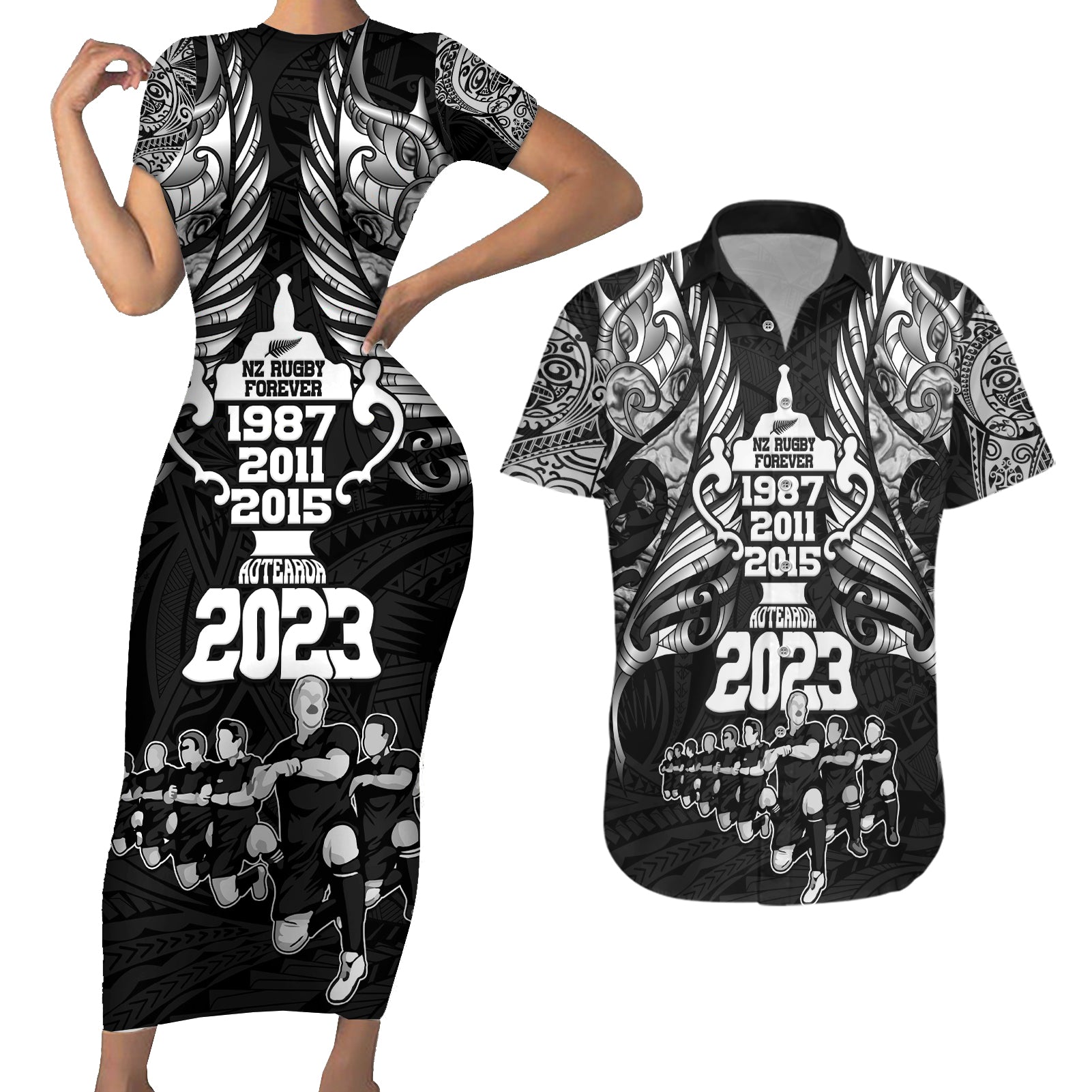 New Zealand Rugby Couples Matching Short Sleeve Bodycon Dress and Hawaiian Shirt Black Haka Dance With NZ Champions History LT9 - Wonder Print Shop