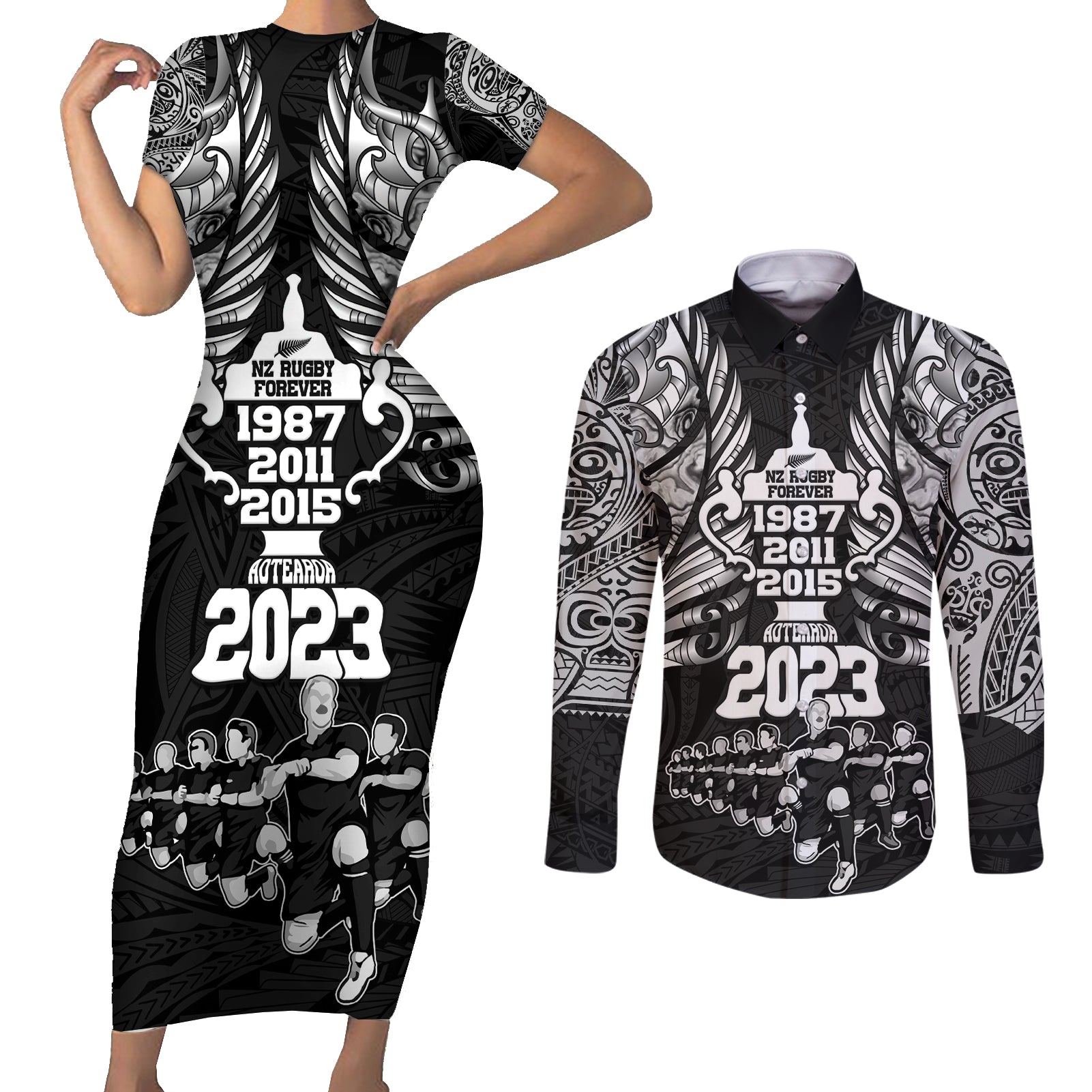 New Zealand Rugby Couples Matching Short Sleeve Bodycon Dress and Long Sleeve Button Shirt Black Haka Dance With NZ Champions History LT9 - Wonder Print Shop