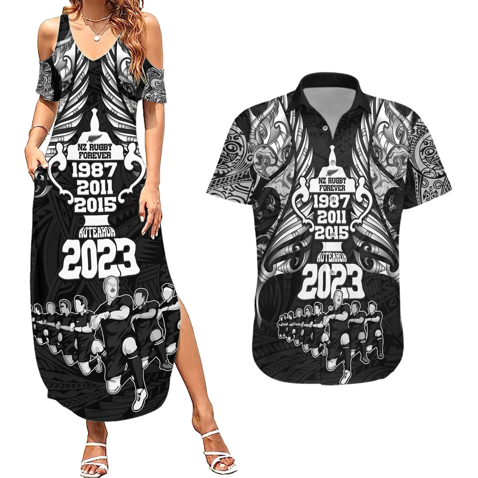 New Zealand Rugby Couples Matching Summer Maxi Dress and Hawaiian Shirt Black Haka Dance With NZ Champions History LT9 - Wonder Print Shop