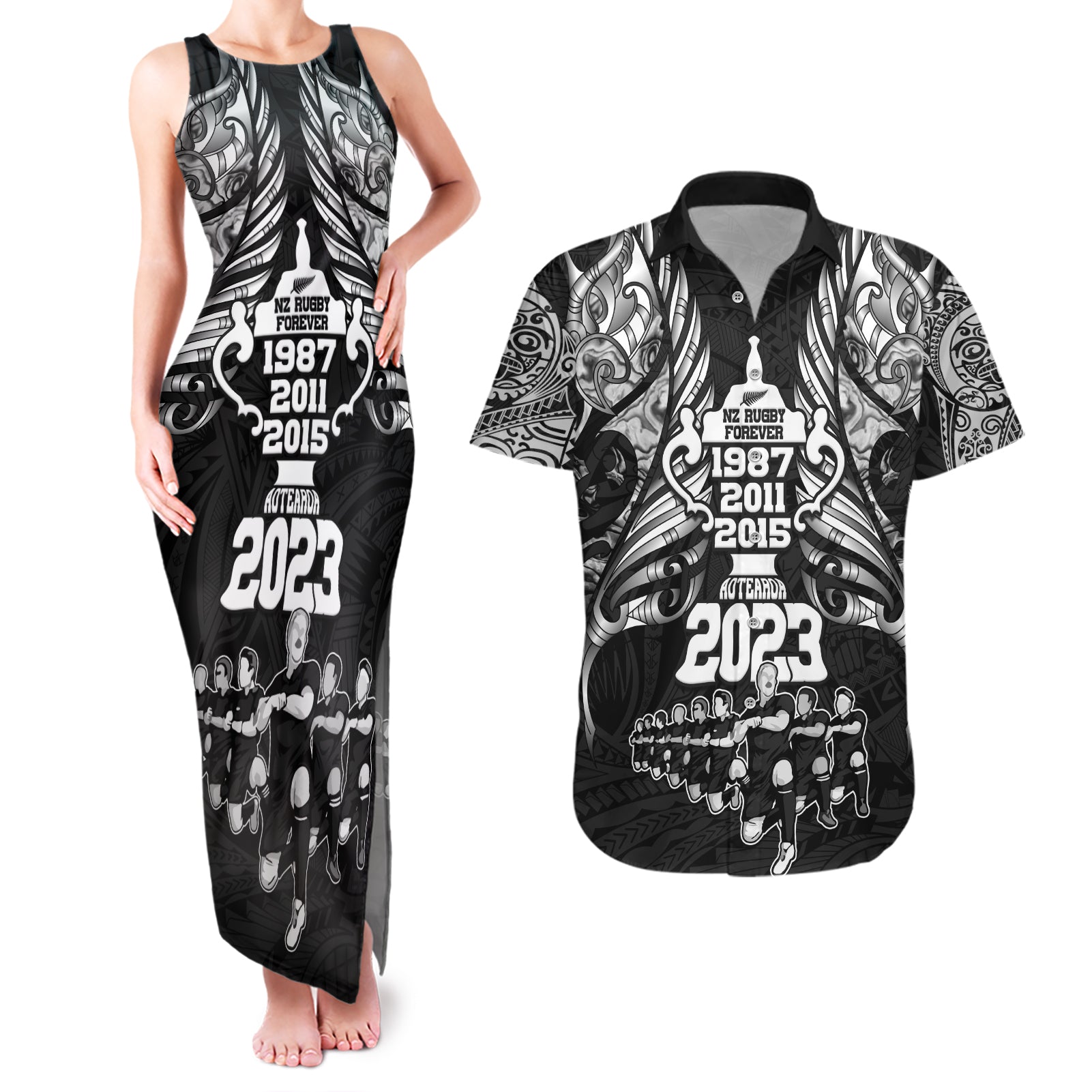 New Zealand Rugby Couples Matching Tank Maxi Dress and Hawaiian Shirt Black Haka Dance With NZ Champions History LT9 - Wonder Print Shop