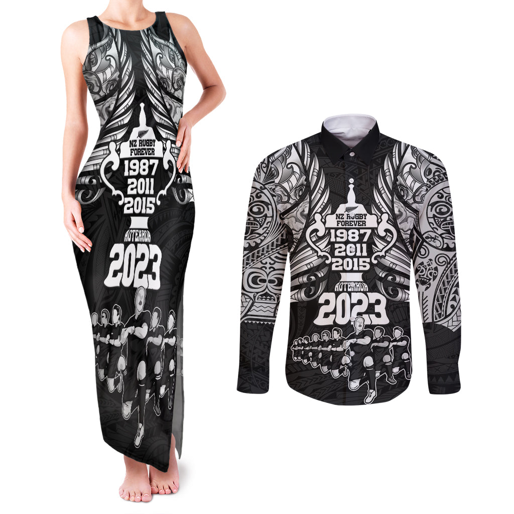 New Zealand Rugby Couples Matching Tank Maxi Dress and Long Sleeve Button Shirt Black Haka Dance With NZ Champions History LT9 - Wonder Print Shop