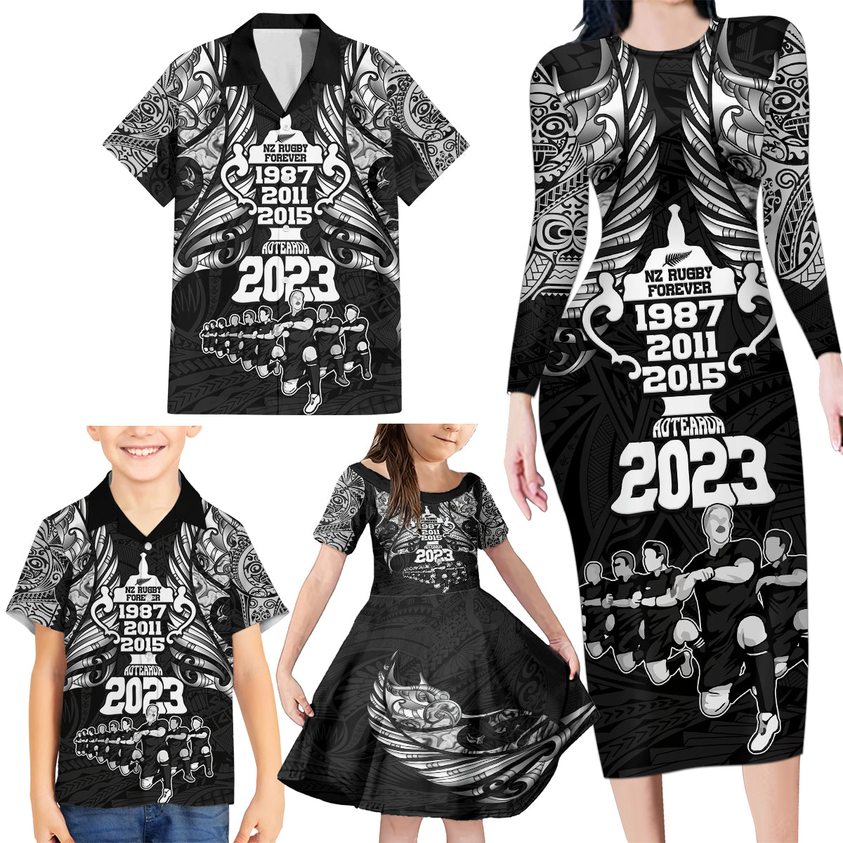 New Zealand Rugby Family Matching Long Sleeve Bodycon Dress and Hawaiian Shirt Black Haka Dance With NZ Champions History LT9 - Wonder Print Shop