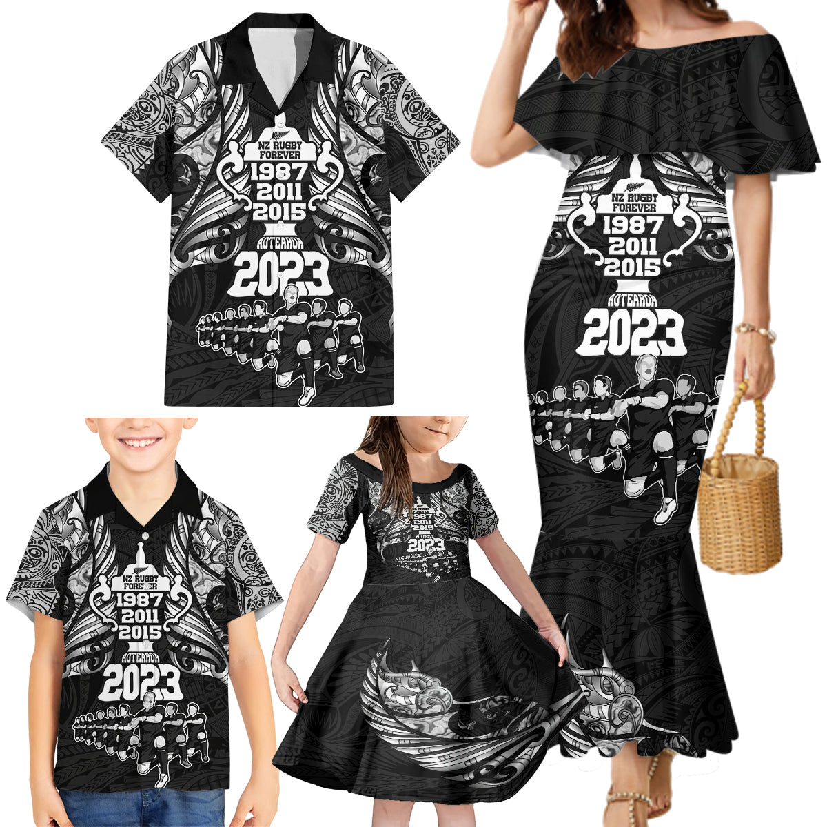 New Zealand Rugby Family Matching Mermaid Dress and Hawaiian Shirt Black Haka Dance With NZ Champions History LT9 - Wonder Print Shop