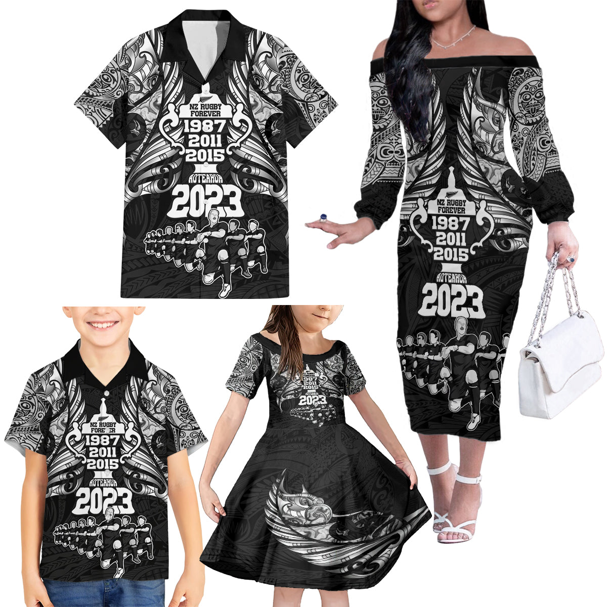 New Zealand Rugby Family Matching Off Shoulder Long Sleeve Dress and Hawaiian Shirt Black Haka Dance With NZ Champions History - Wonder Print Shop