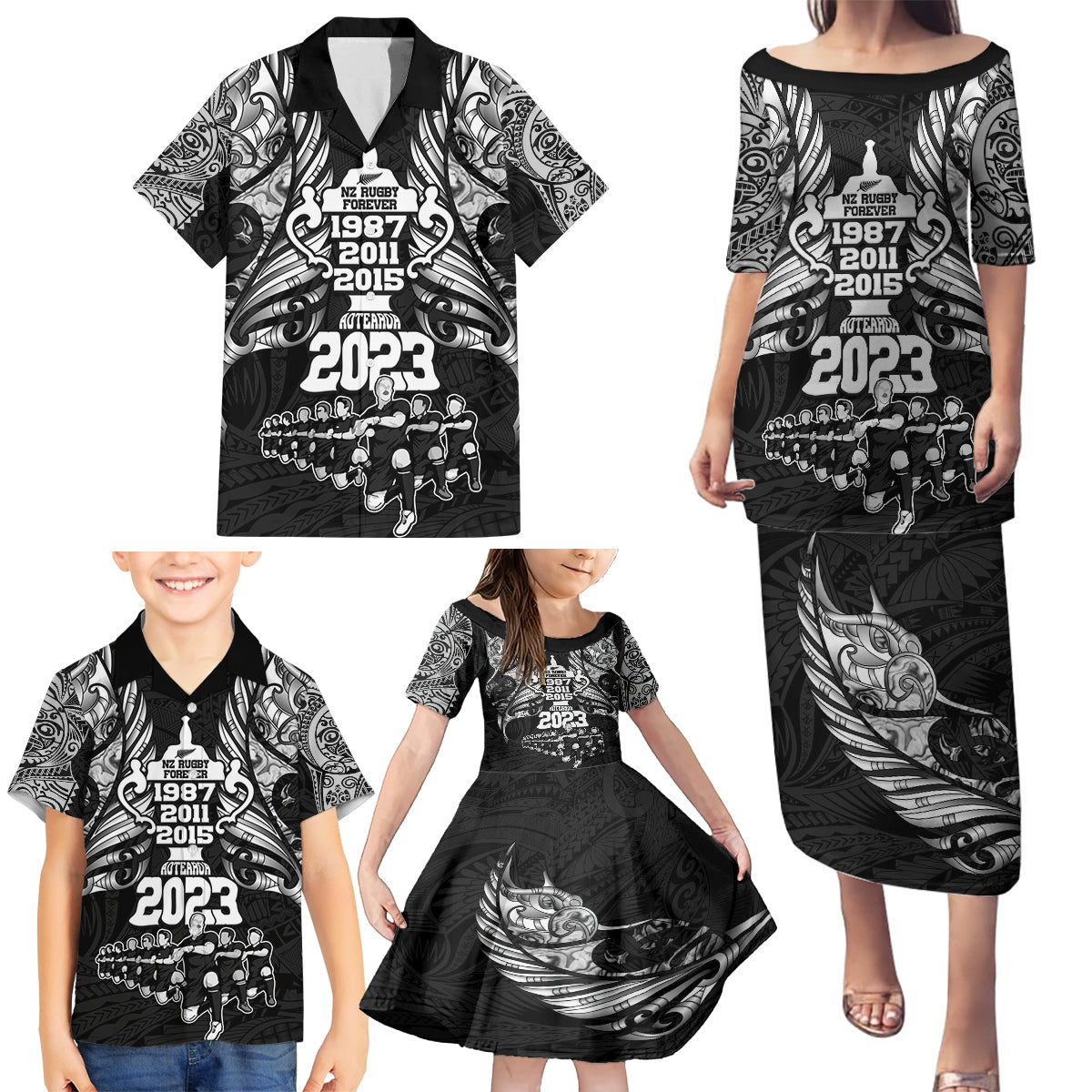 New Zealand Rugby Family Matching Puletasi Dress and Hawaiian Shirt Black Haka Dance With NZ Champions History - Wonder Print Shop