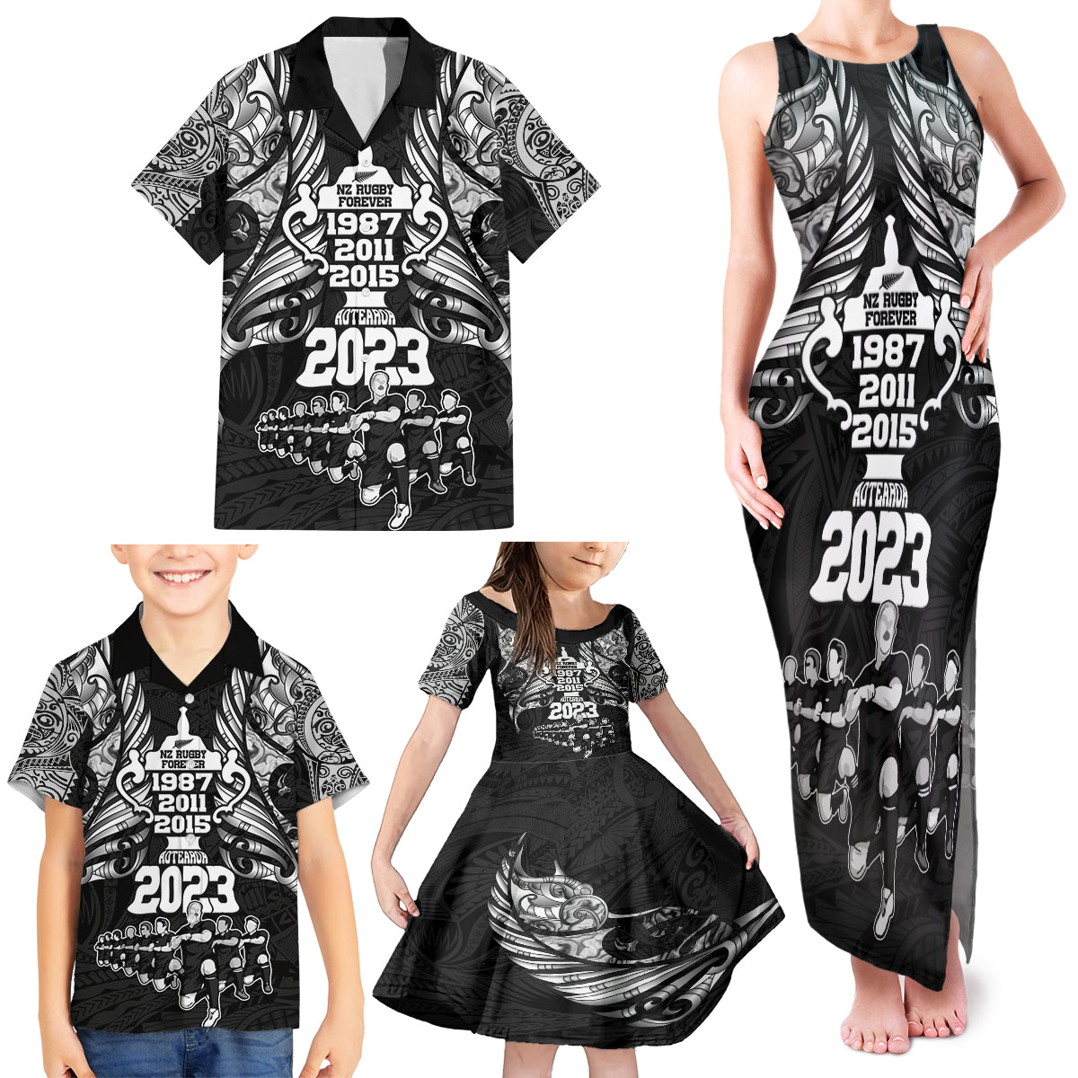 New Zealand Rugby Family Matching Tank Maxi Dress and Hawaiian Shirt Black Haka Dance With NZ Champions History - Wonder Print Shop