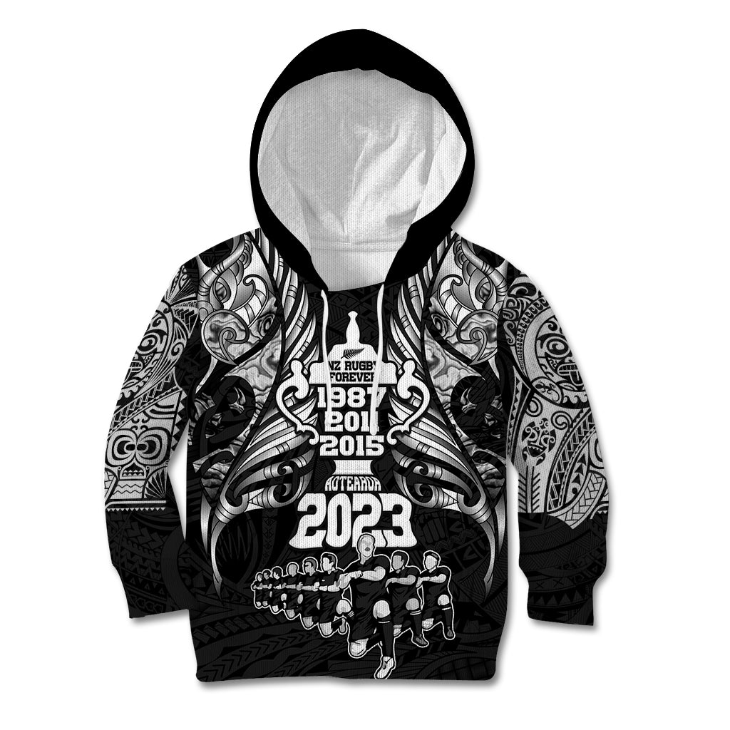 New Zealand Rugby Kid Hoodie Black Haka Dance With NZ Champions History - Wonder Print Shop