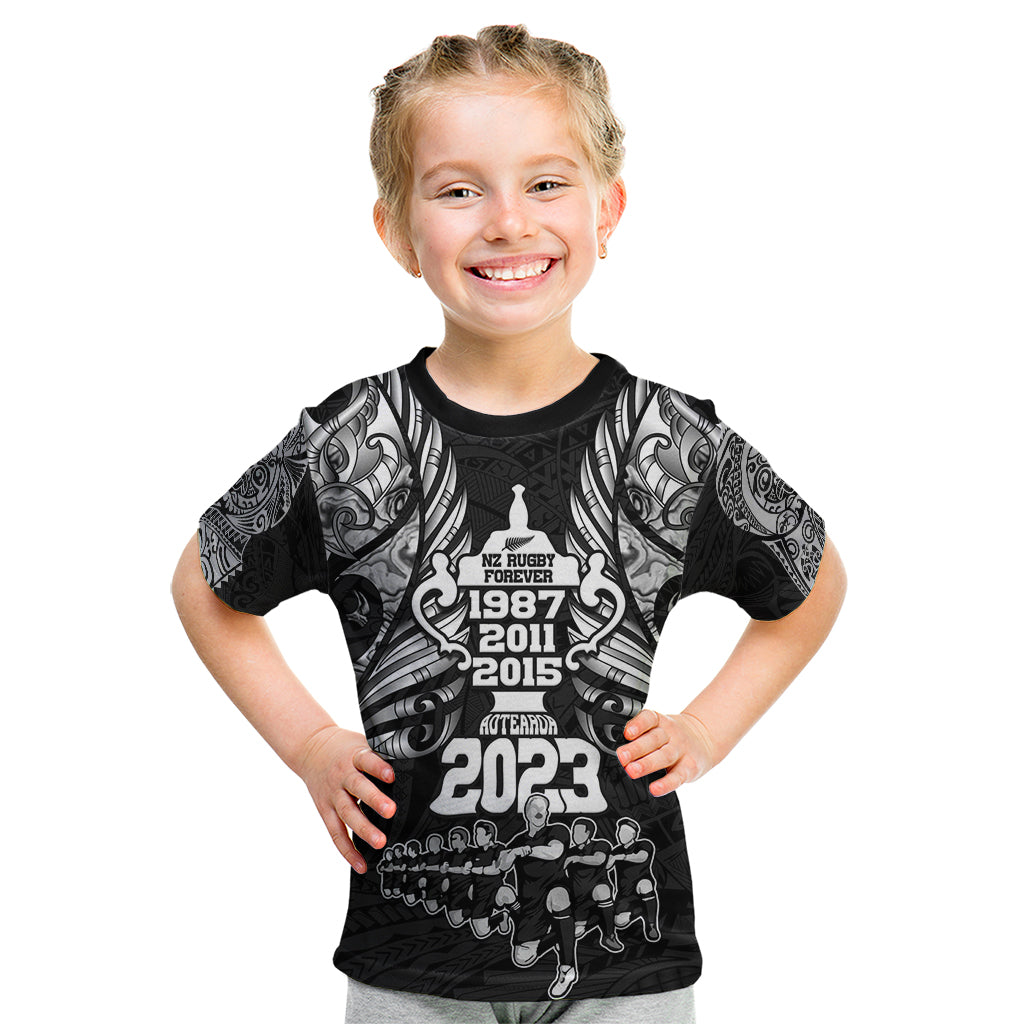 New Zealand Rugby Kid T Shirt Black Haka Dance With NZ Champions History - Wonder Print Shop