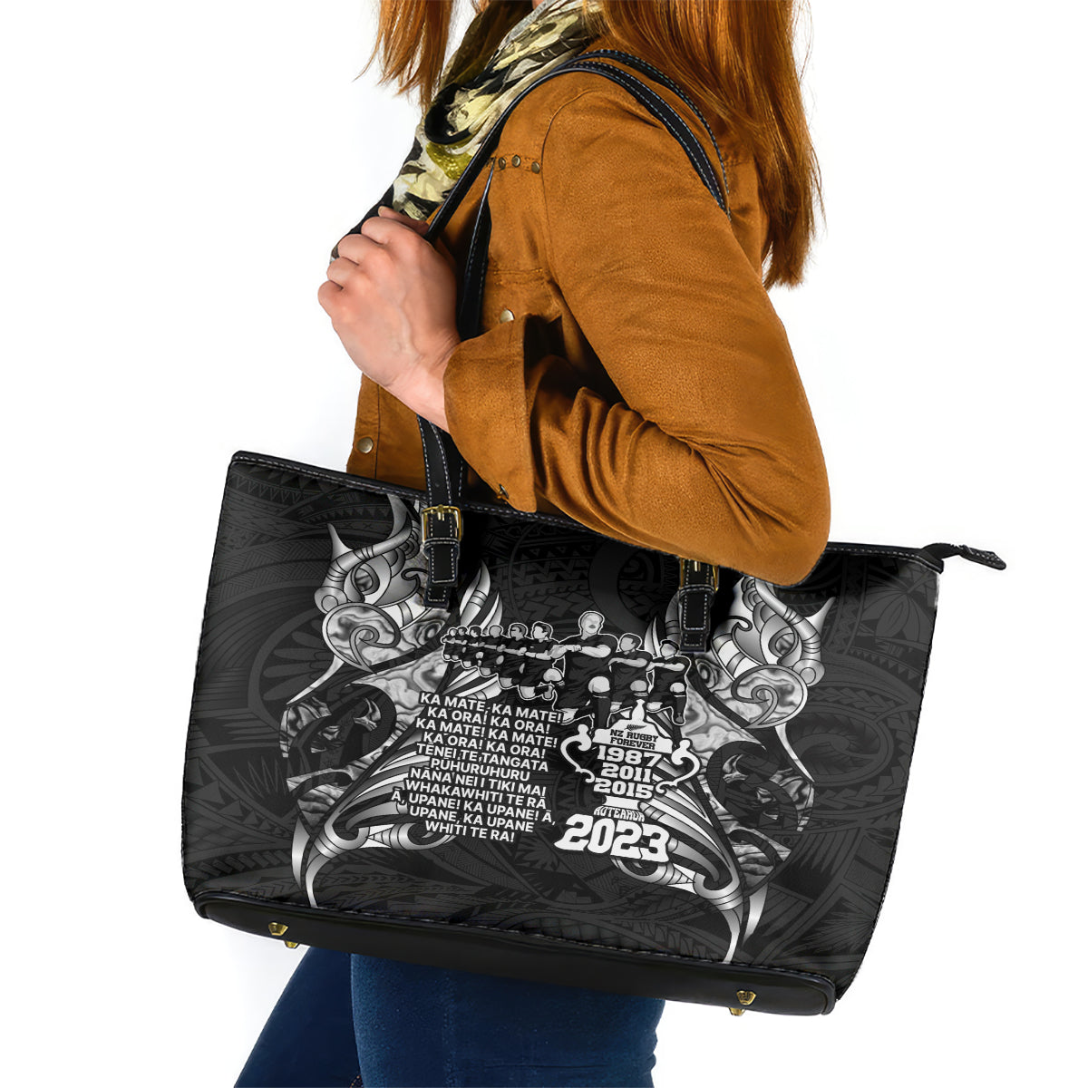 New Zealand Rugby Leather Tote Bag Black Haka Dance With NZ Champions History - Wonder Print Shop