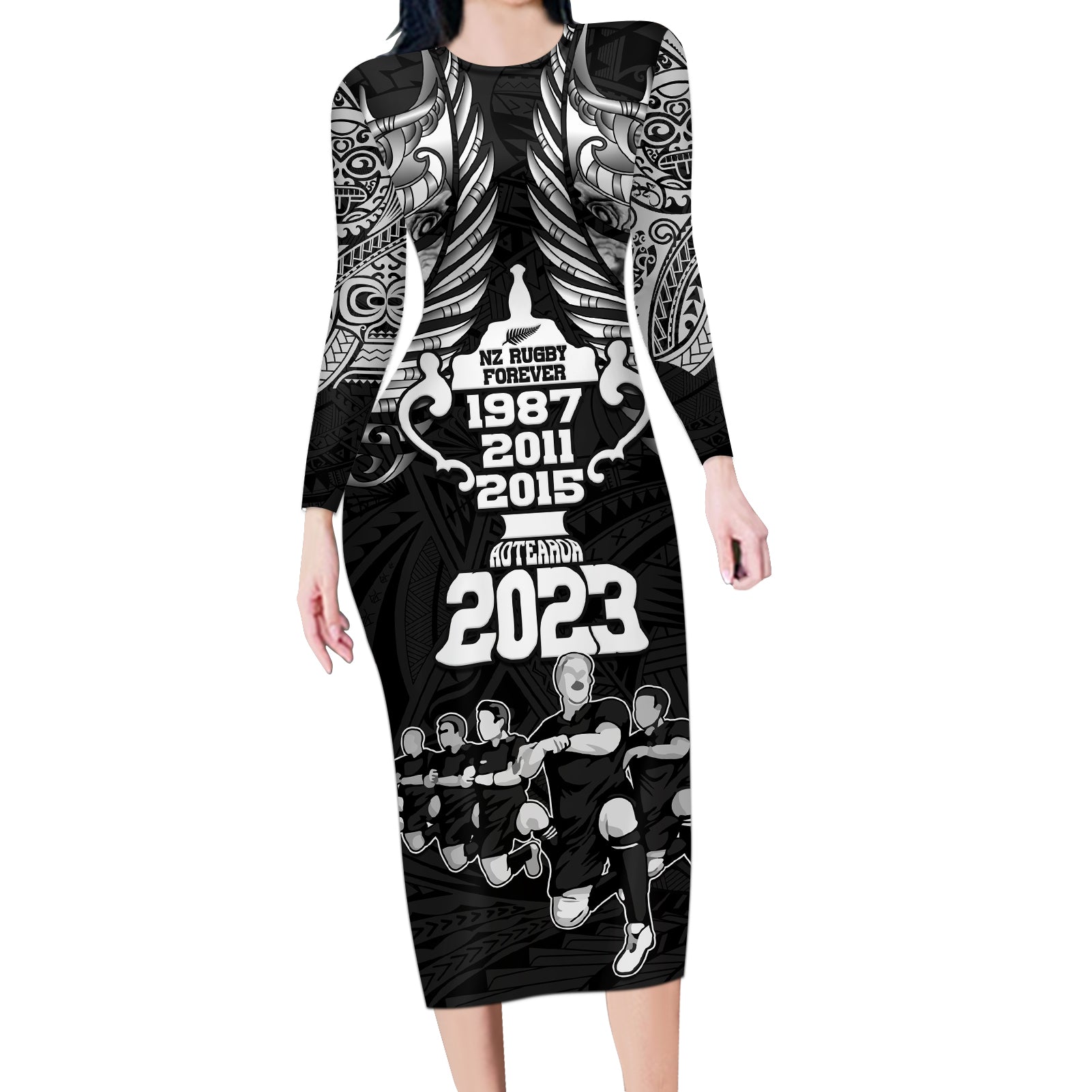 New Zealand Rugby Long Sleeve Bodycon Dress Black Haka Dance With NZ Champions History - Wonder Print Shop