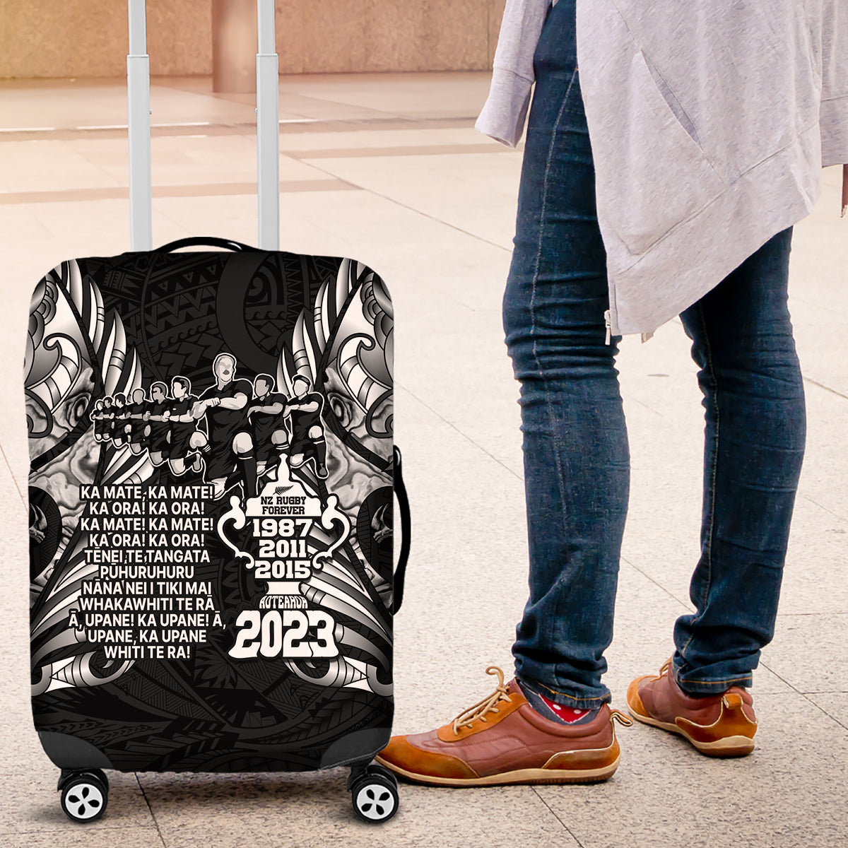 New Zealand Rugby Luggage Cover Black Haka Dance With NZ Champions History - Wonder Print Shop