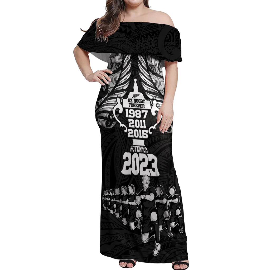 New Zealand Rugby Off Shoulder Maxi Dress Black Haka Dance With NZ Champions History - Wonder Print Shop