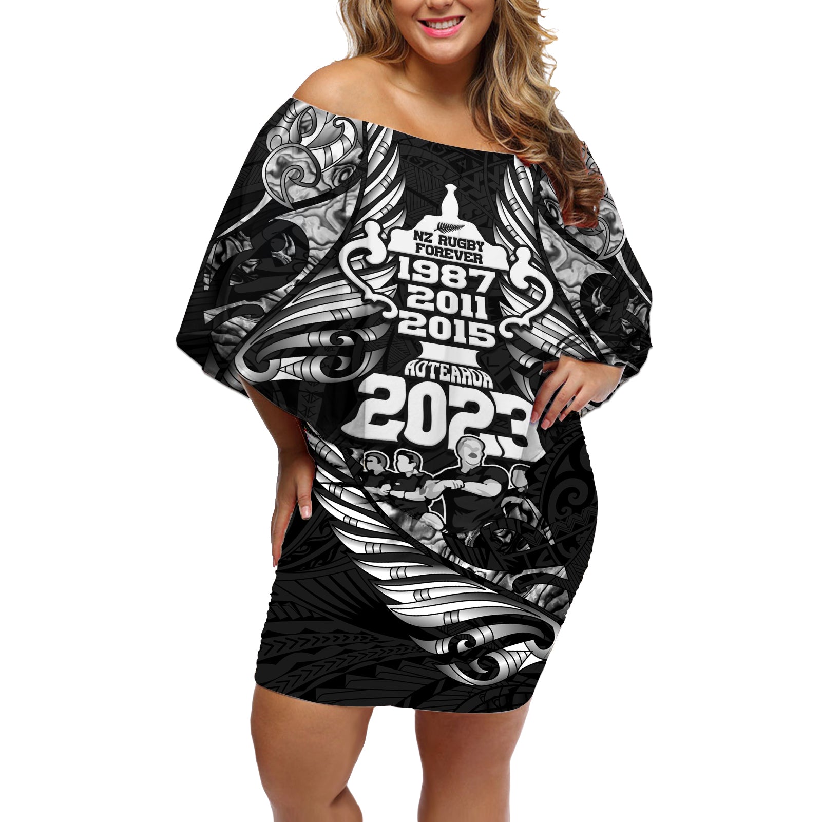 New Zealand Rugby Off Shoulder Short Dress Black Haka Dance With NZ Champions History - Wonder Print Shop