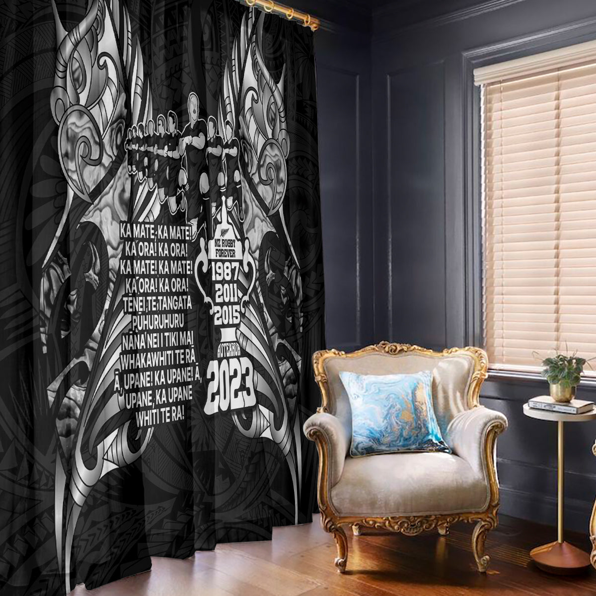 New Zealand Rugby Window Curtain Black Haka Dance With NZ Champions History - Wonder Print Shop