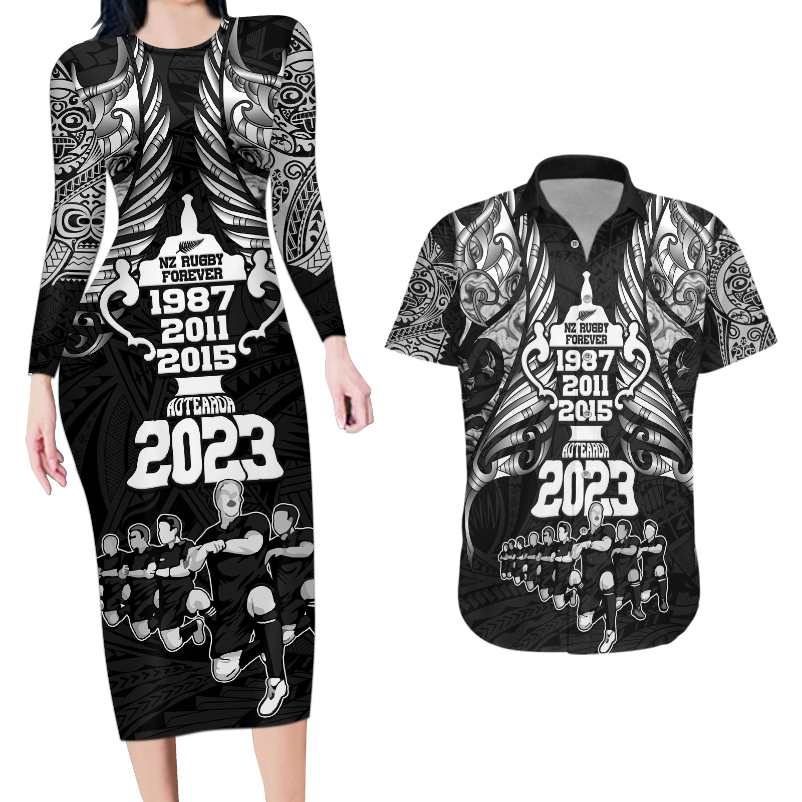 Custom New Zealand Rugby Couples Matching Long Sleeve Bodycon Dress and Hawaiian Shirt Black Haka Dance With NZ Champions History LT9 - Wonder Print Shop