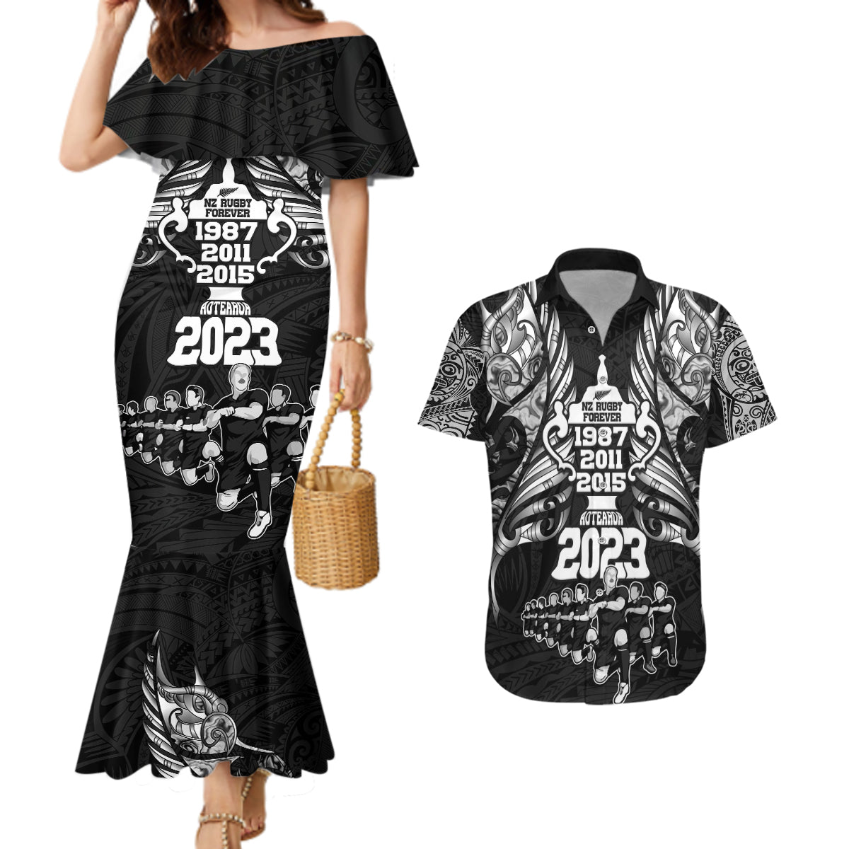 Custom New Zealand Rugby Couples Matching Mermaid Dress and Hawaiian Shirt Black Haka Dance With NZ Champions History LT9 - Wonder Print Shop