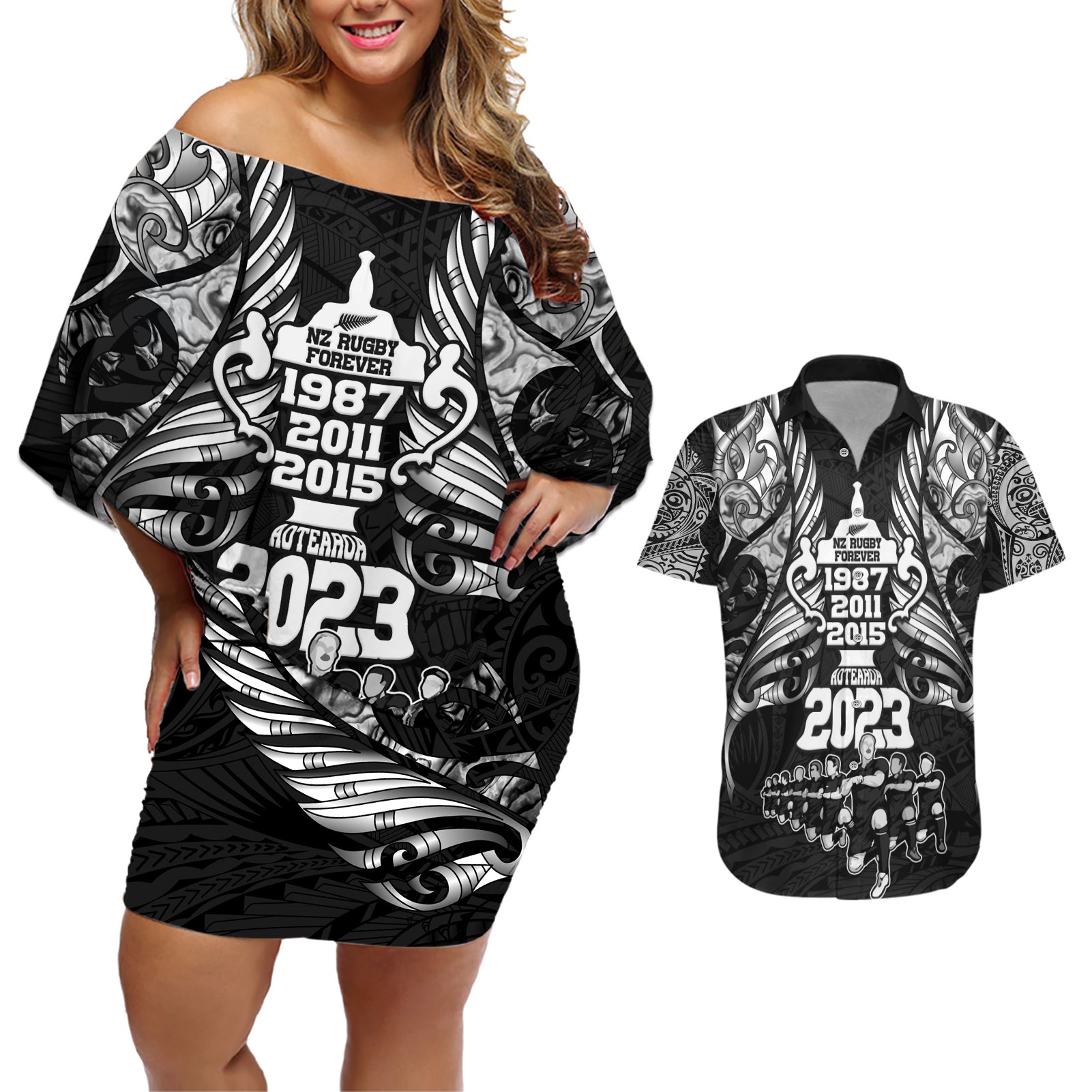 Custom New Zealand Rugby Couples Matching Off Shoulder Short Dress and Hawaiian Shirt Black Haka Dance With NZ Champions History LT9 - Wonder Print Shop