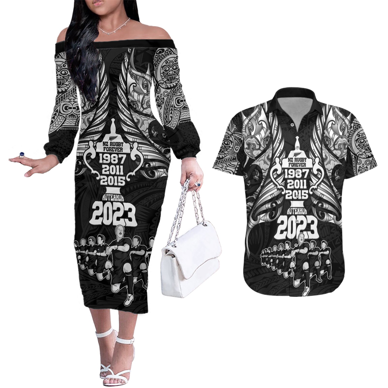 Custom New Zealand Rugby Couples Matching Off The Shoulder Long Sleeve Dress and Hawaiian Shirt Black Haka Dance With NZ Champions History LT9 - Wonder Print Shop