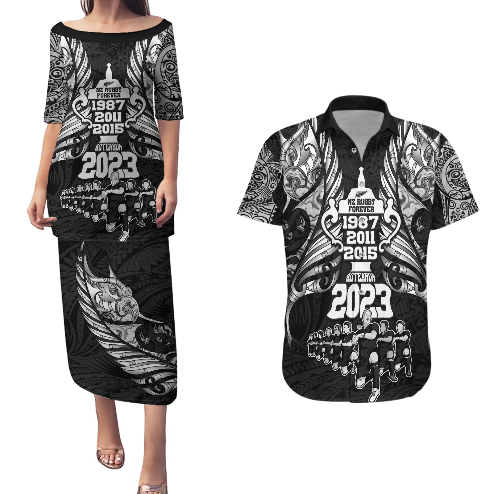 Custom New Zealand Rugby Couples Matching Puletasi Dress and Hawaiian Shirt Black Haka Dance With NZ Champions History LT9 - Wonder Print Shop