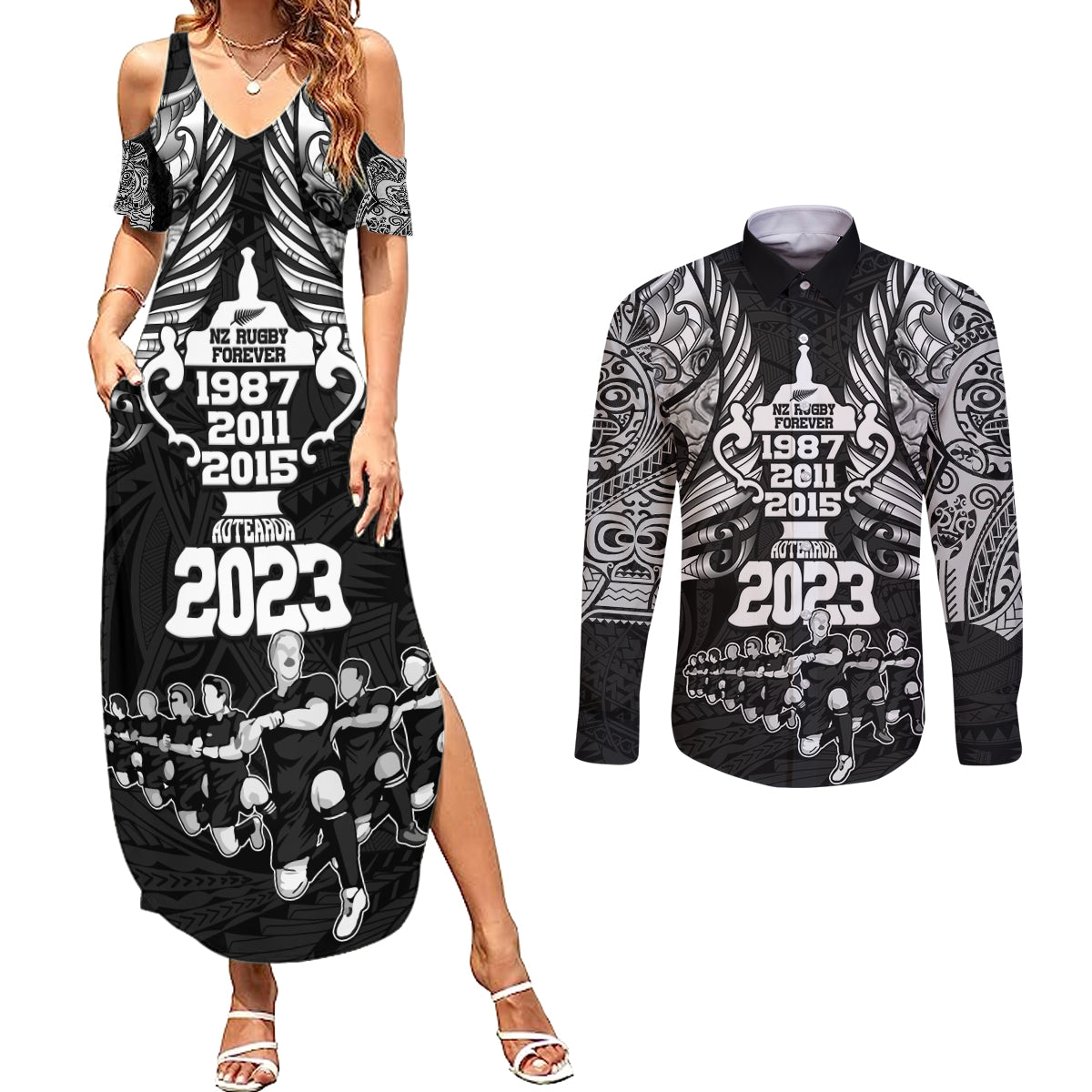 Custom New Zealand Rugby Couples Matching Summer Maxi Dress and Long Sleeve Button Shirt Black Haka Dance With NZ Champions History LT9 - Wonder Print Shop