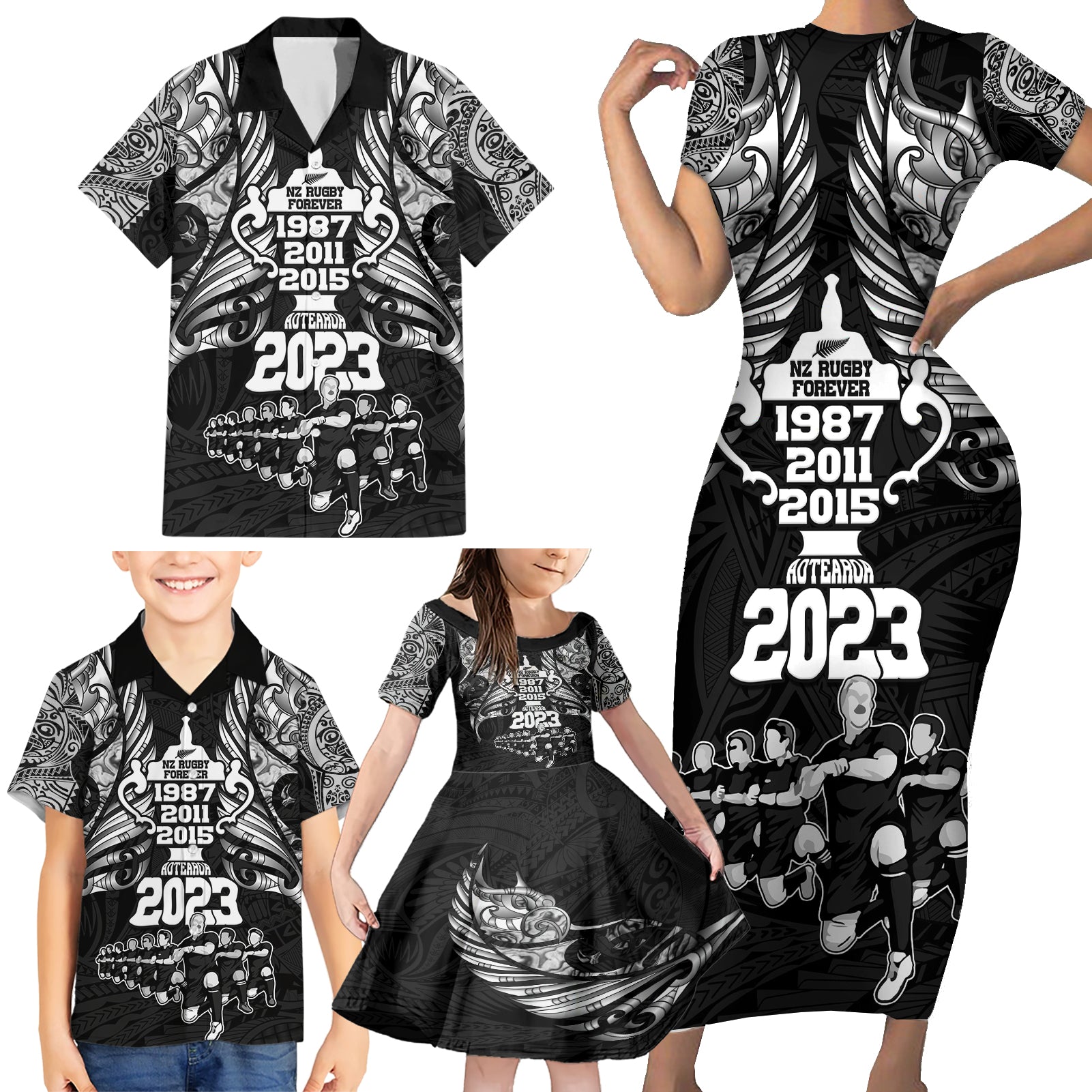 Custom New Zealand Rugby Family Matching Short Sleeve Bodycon Dress and Hawaiian Shirt Black Haka Dance With NZ Champions History - Wonder Print Shop