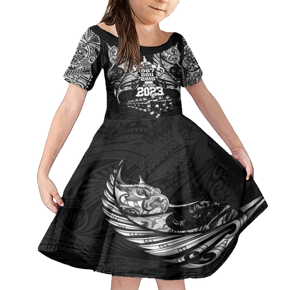 Custom New Zealand Rugby Kid Short Sleeve Dress Black Haka Dance With NZ Champions History - Wonder Print Shop