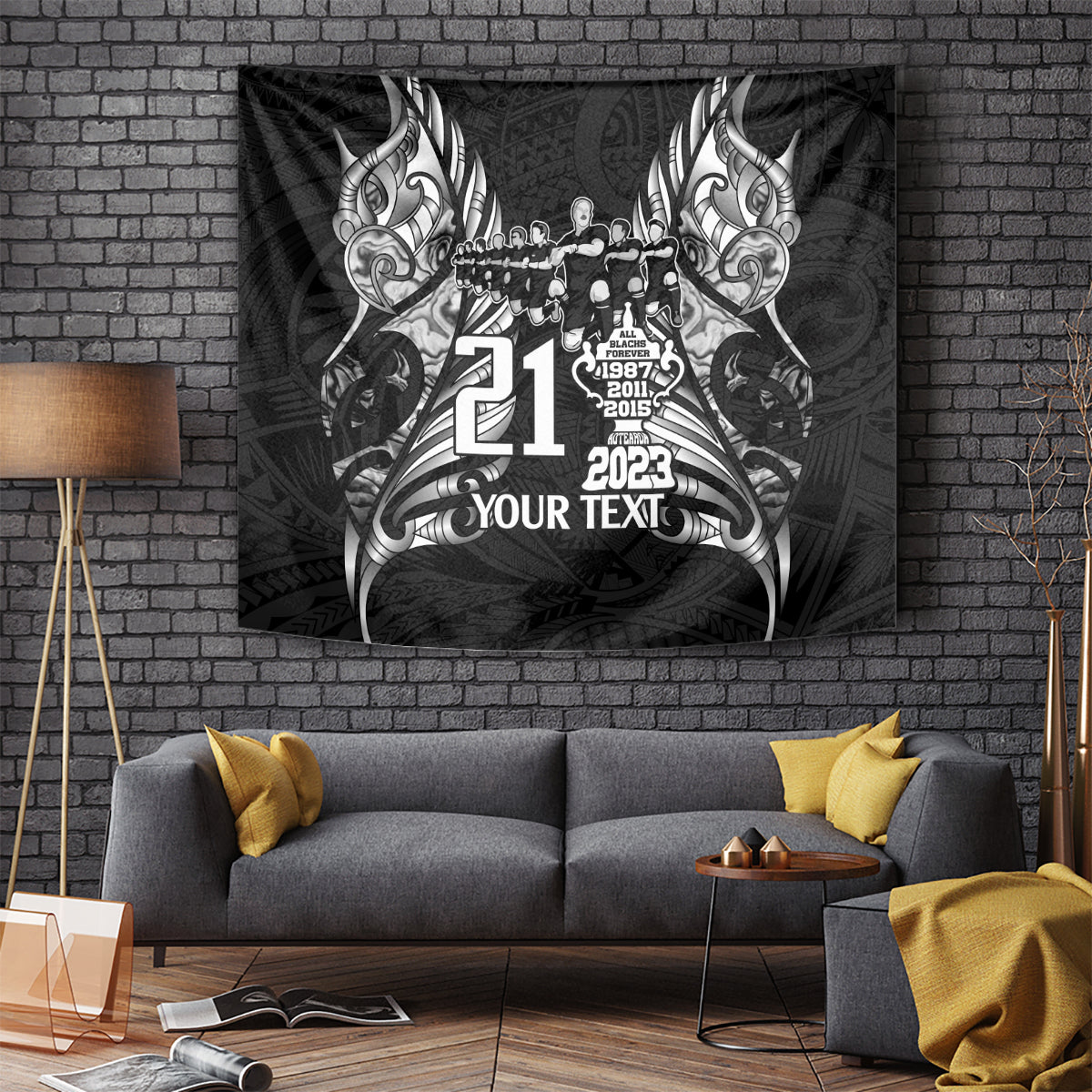 Black rugby-themed tapestry with ornate white graphic, number 21, and 'YOUR TEXT'