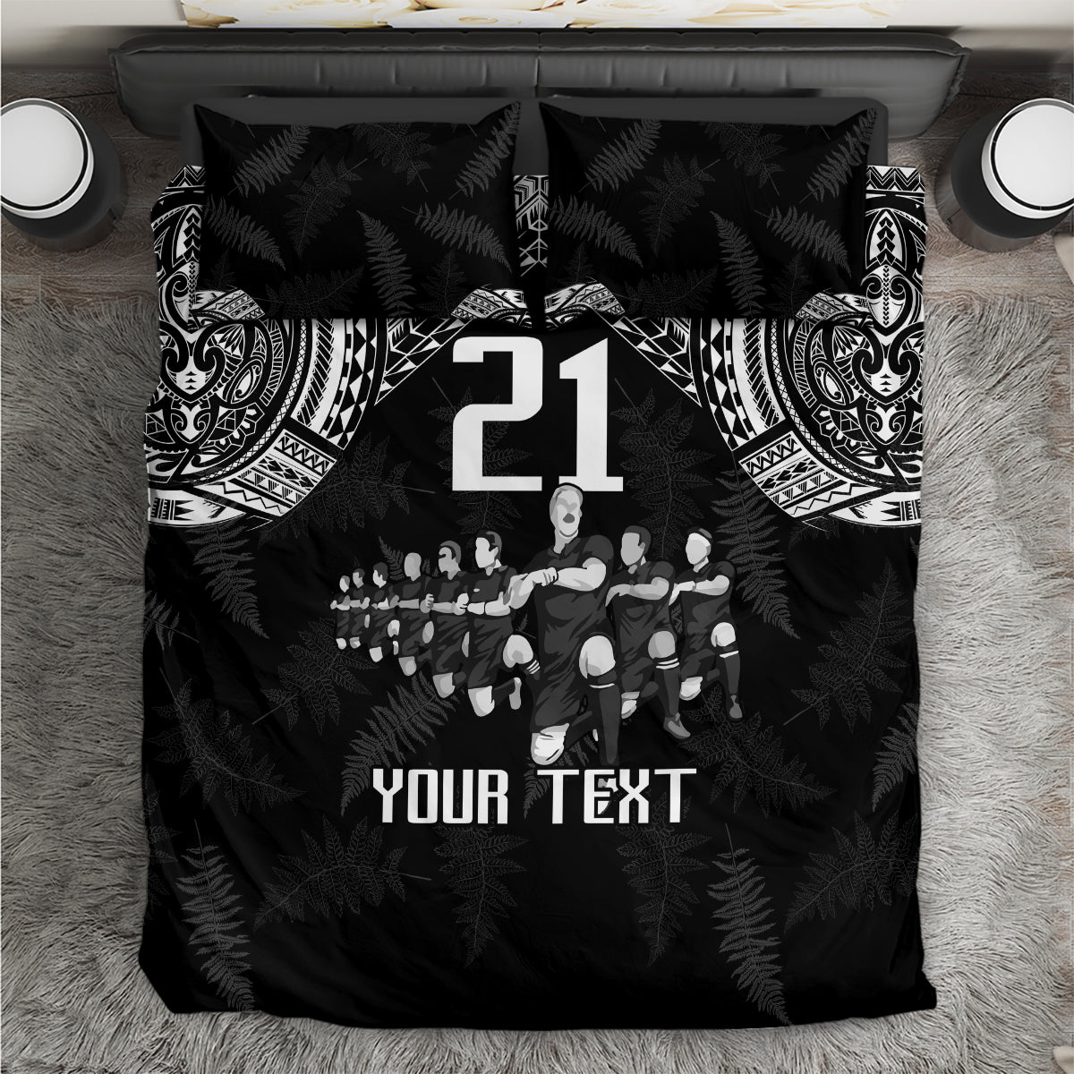 Black rugby bedding set with bold 21 graphic, Maori-style patterns, and custom text