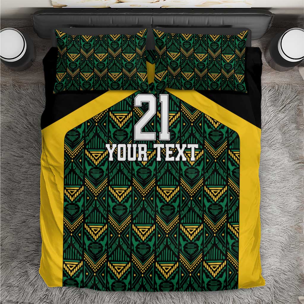 Duvet cover close-up: black background, green/yellow ethnic motifs, number 21 and Your Text