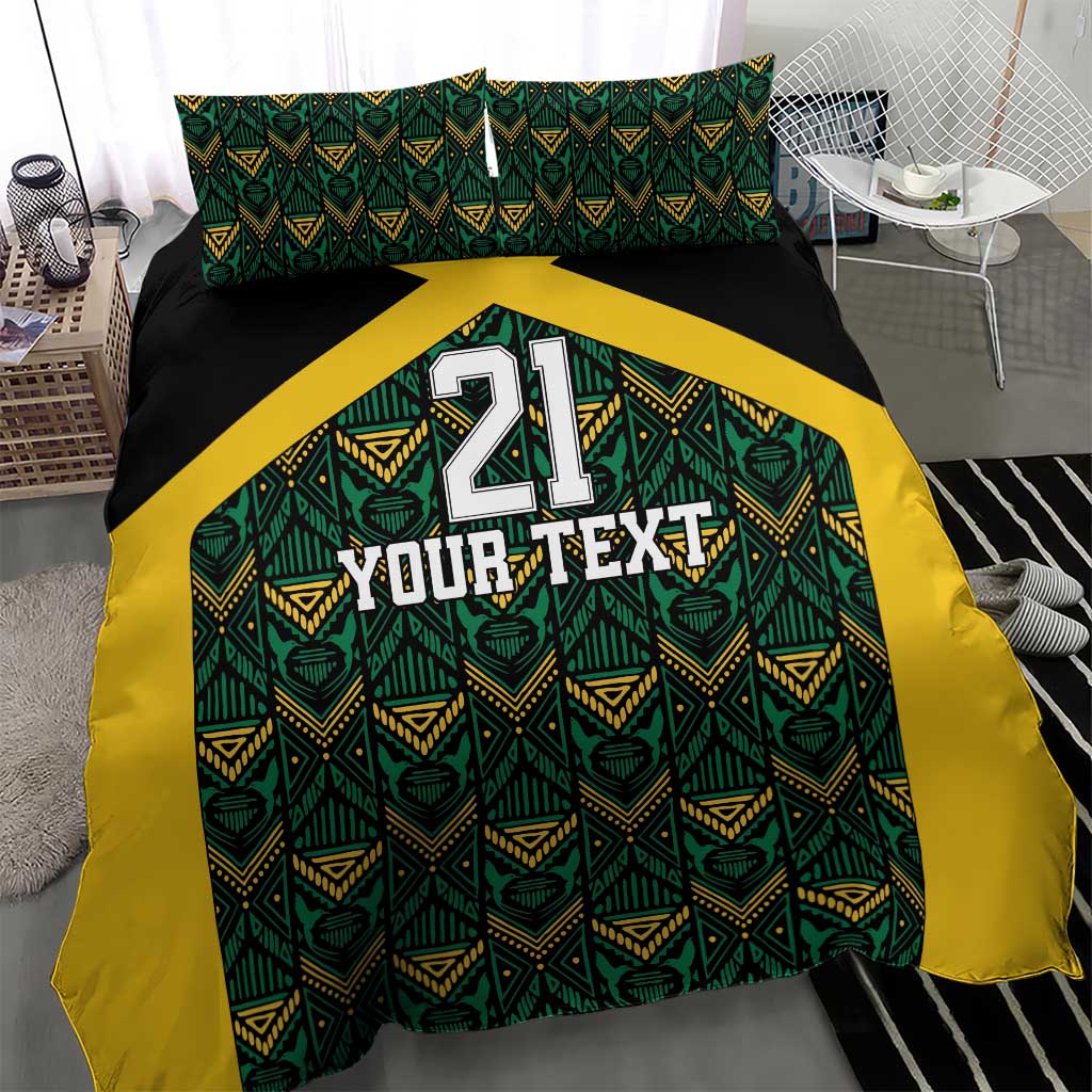 Bedding set with matching pillows: black, green, yellow ethnic motifs with number 21 and Your Text