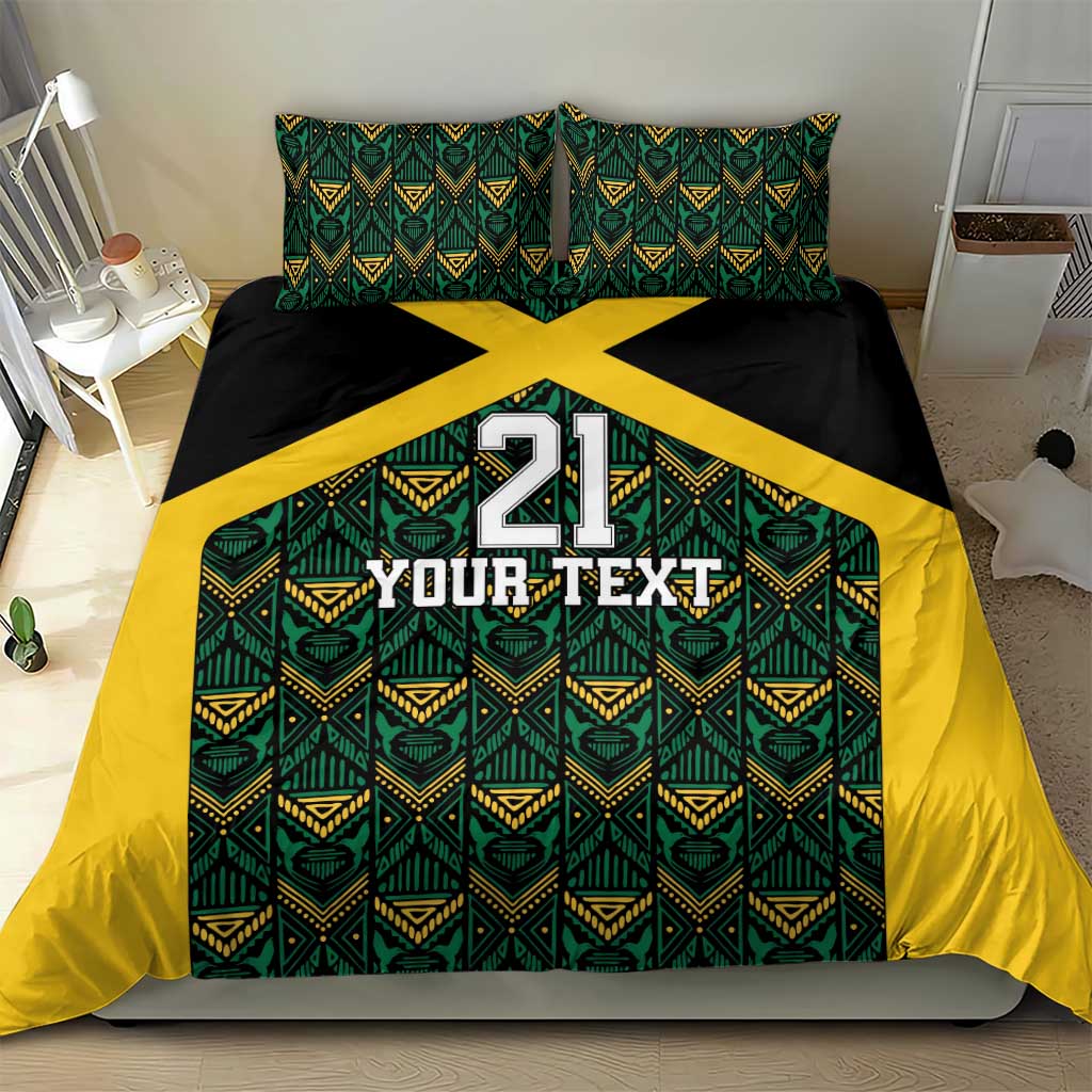 Bedding set with yellow X stripe over green motifs, black, number 21 and Your Text