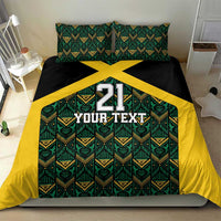 Bedding set with yellow X stripe over green motifs, black, number 21 and Your Text