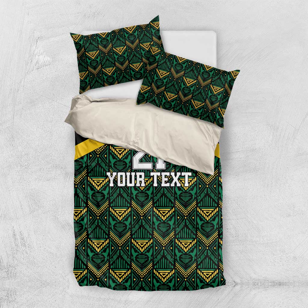 Bedding set flat lay: black base with green/yellow ethnic motifs, number 21, Your Text