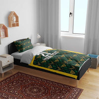 Bedding set on bed with black and green/yellow ethnic duvet, yellow stripe, number 21, Your Text